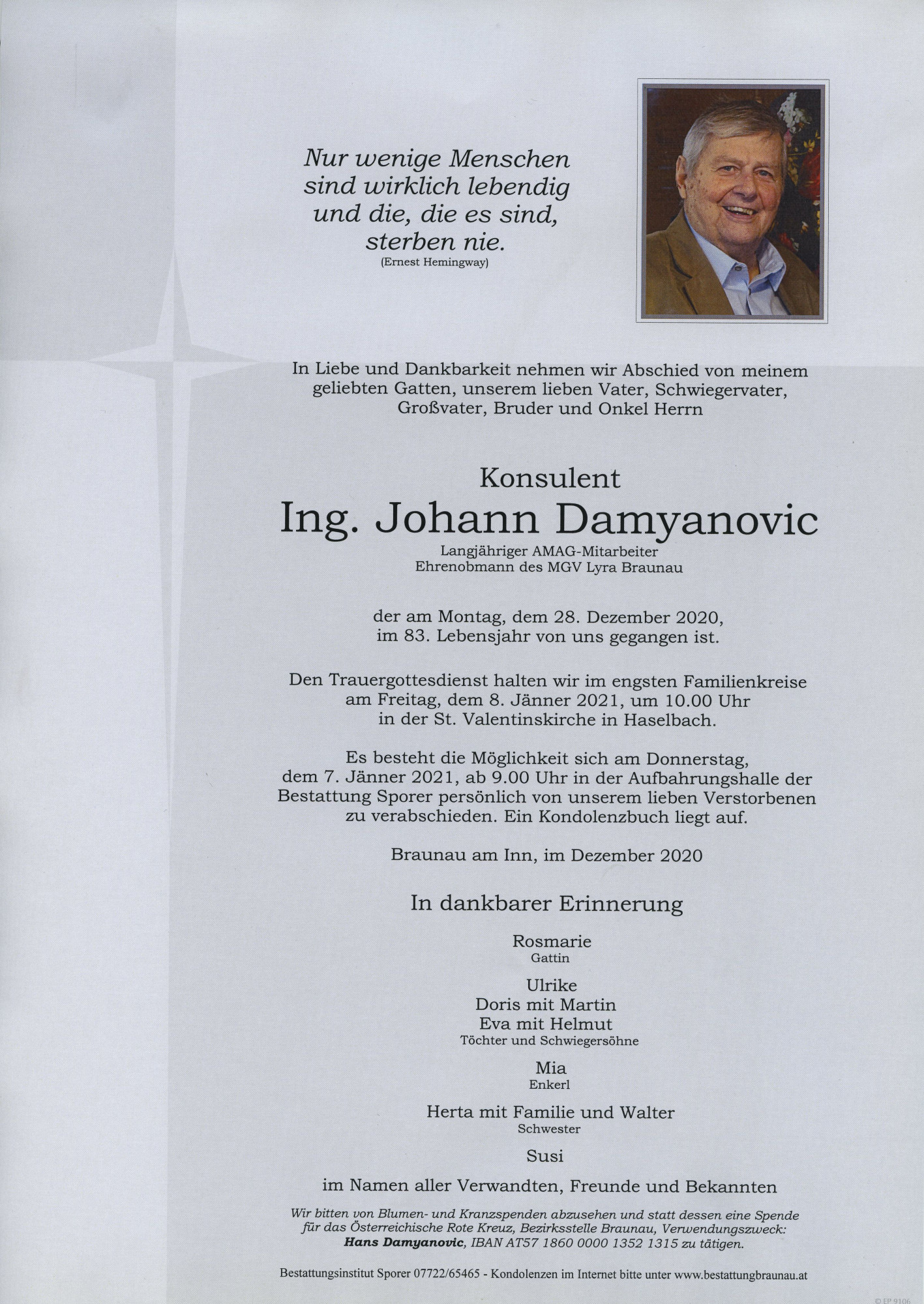 Traueranzeige von Johann Damyanovic