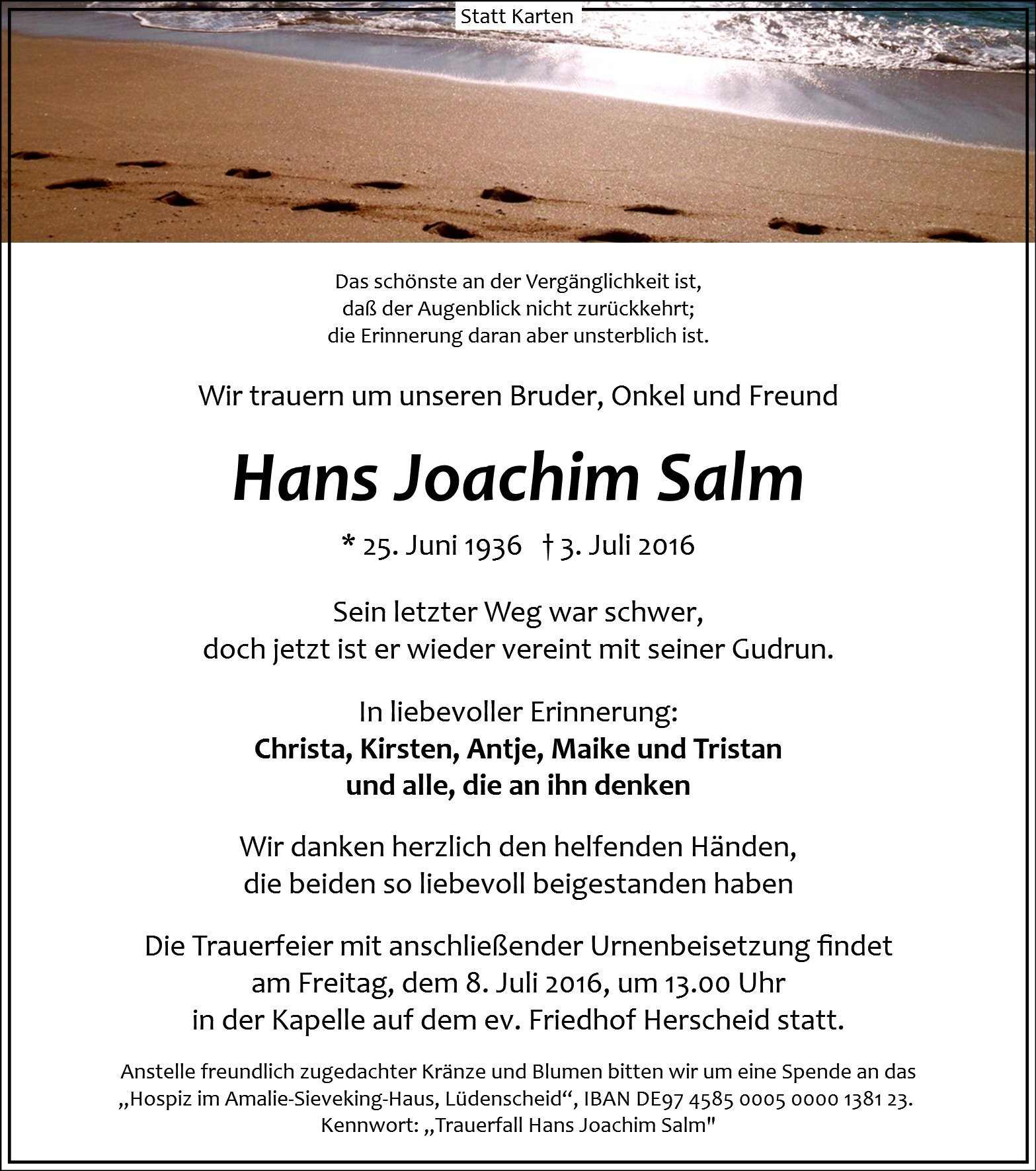 Traueranzeige von Hans Joachim Salm