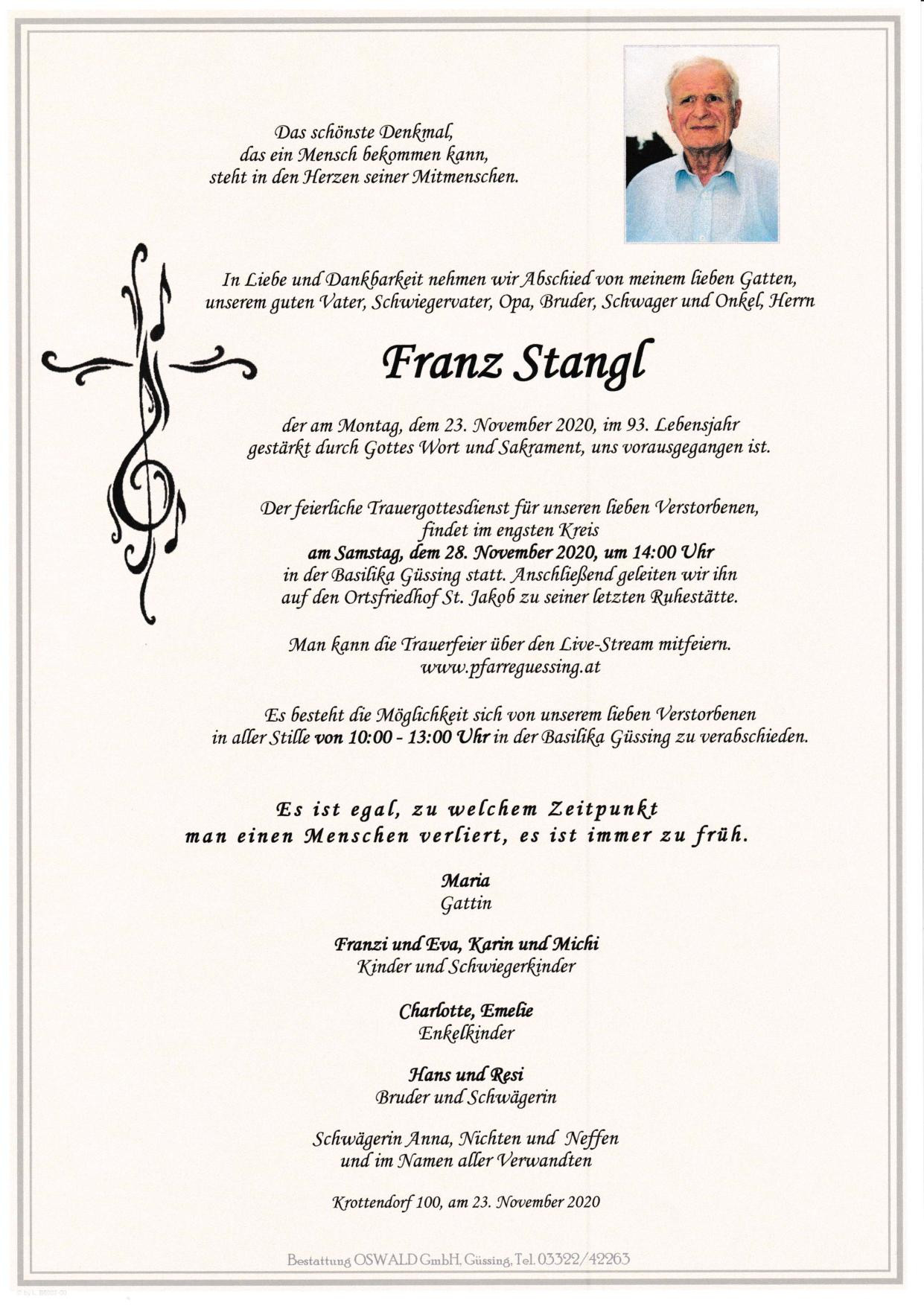 Traueranzeige von -- Franz Stangl