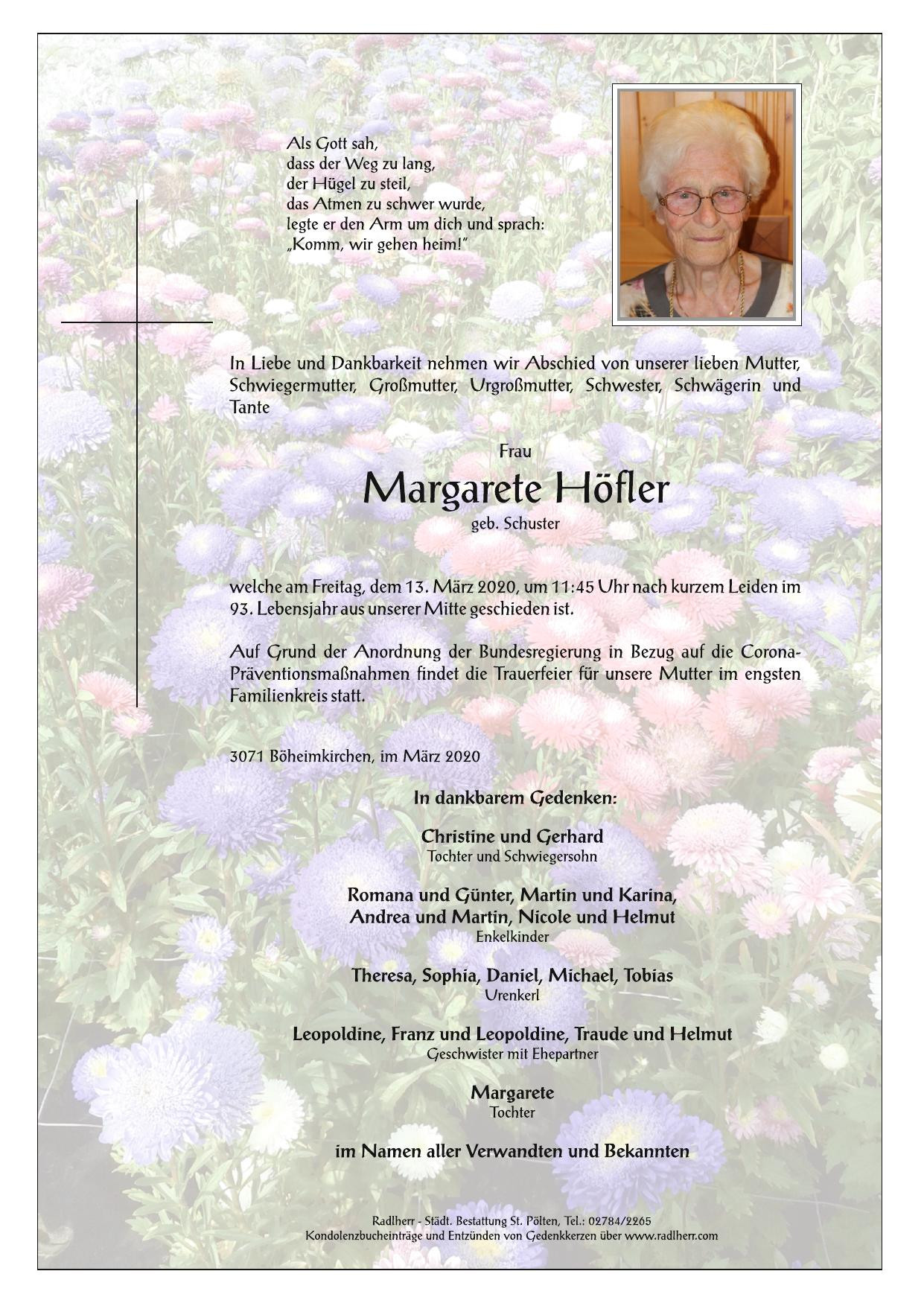 Traueranzeige von Margarete Höfler
