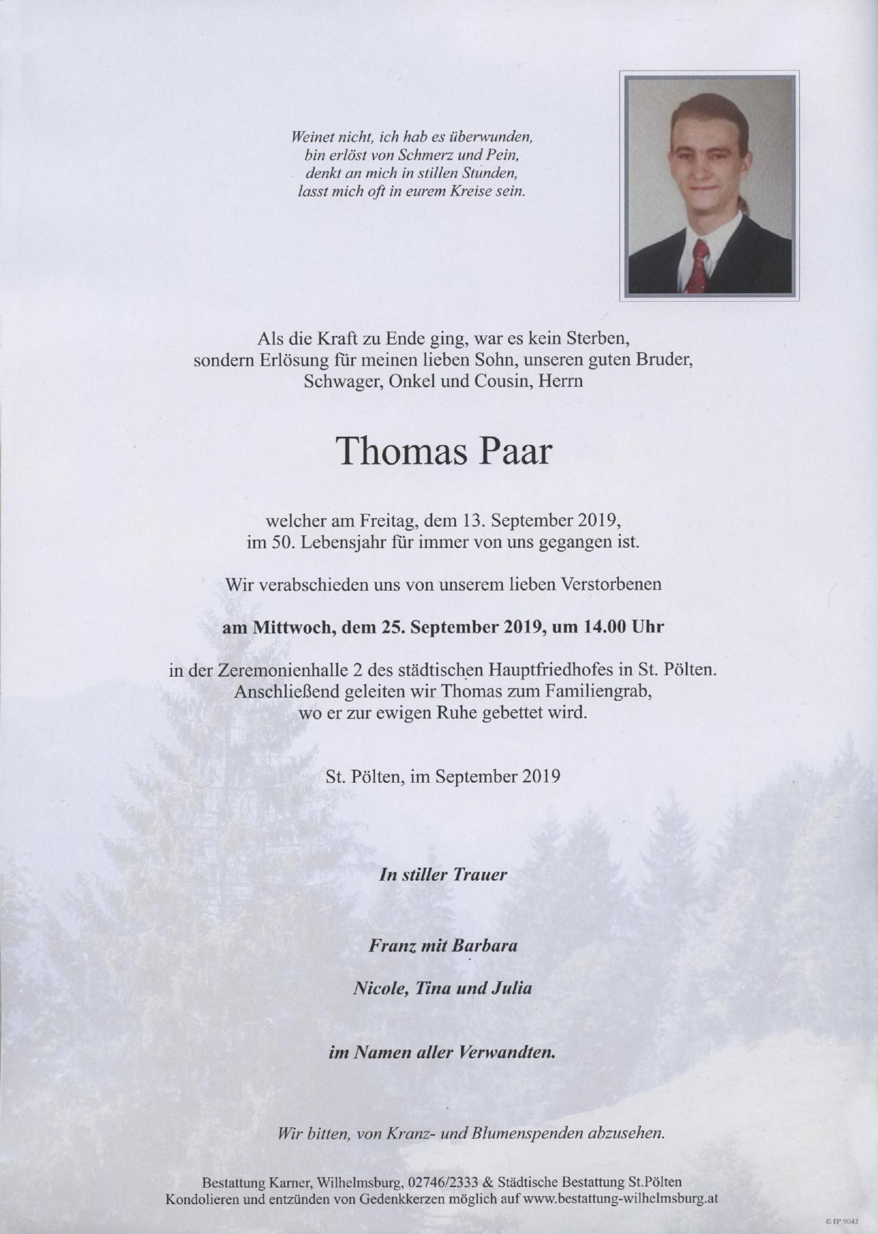 Traueranzeige von Thomas Paar