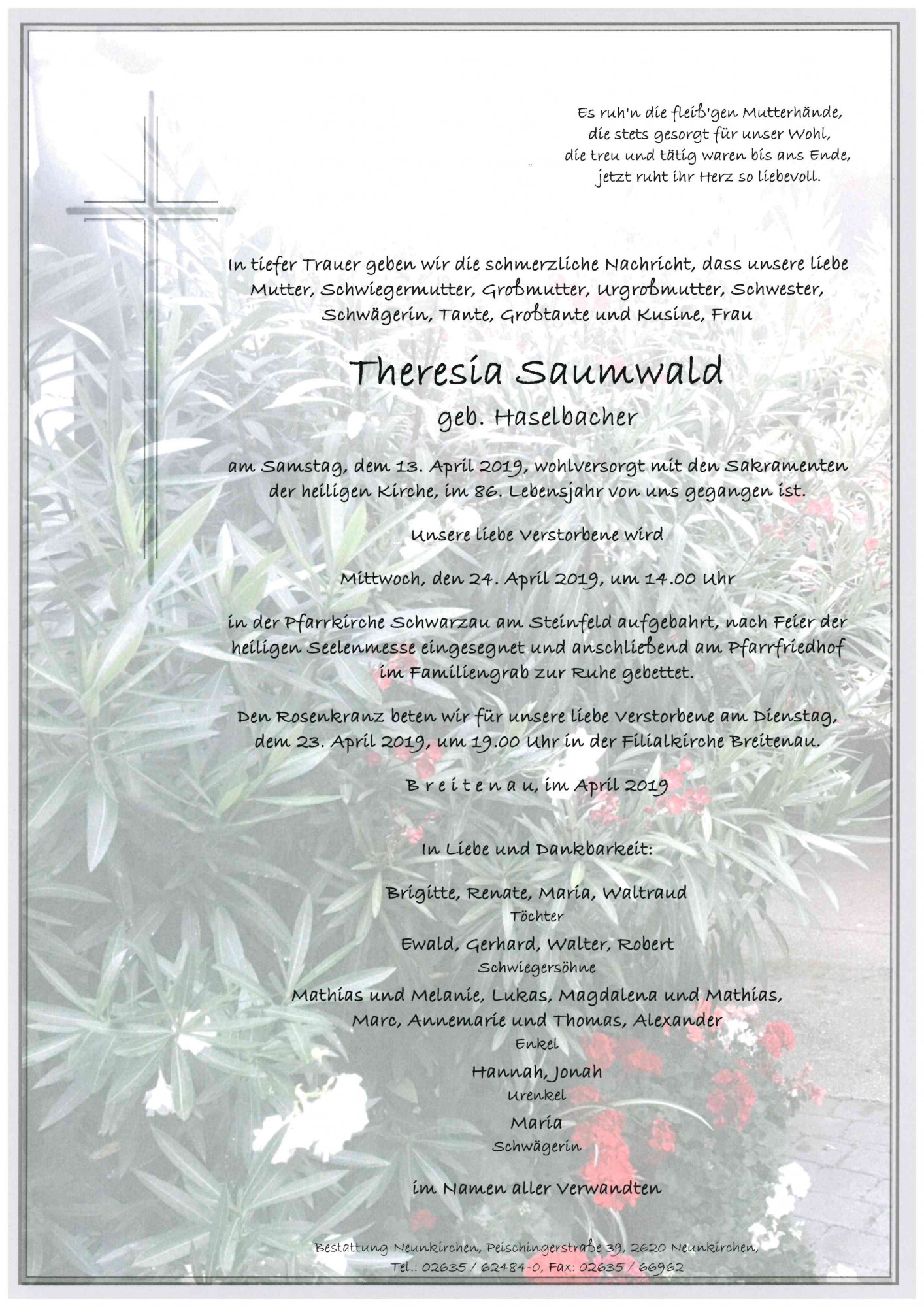Traueranzeige von Theresia Saumwald