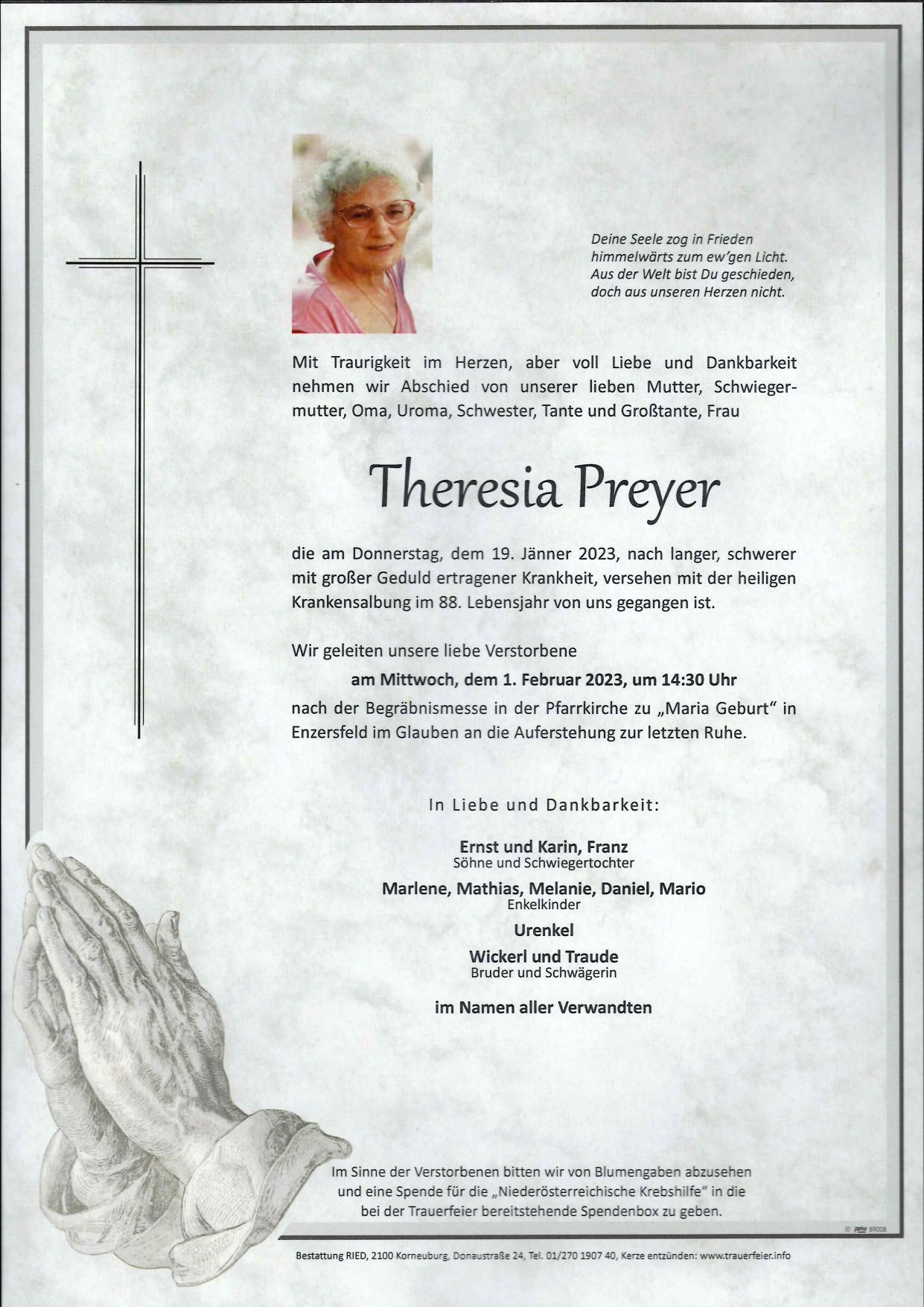 Traueranzeige von Theresia Preyer
