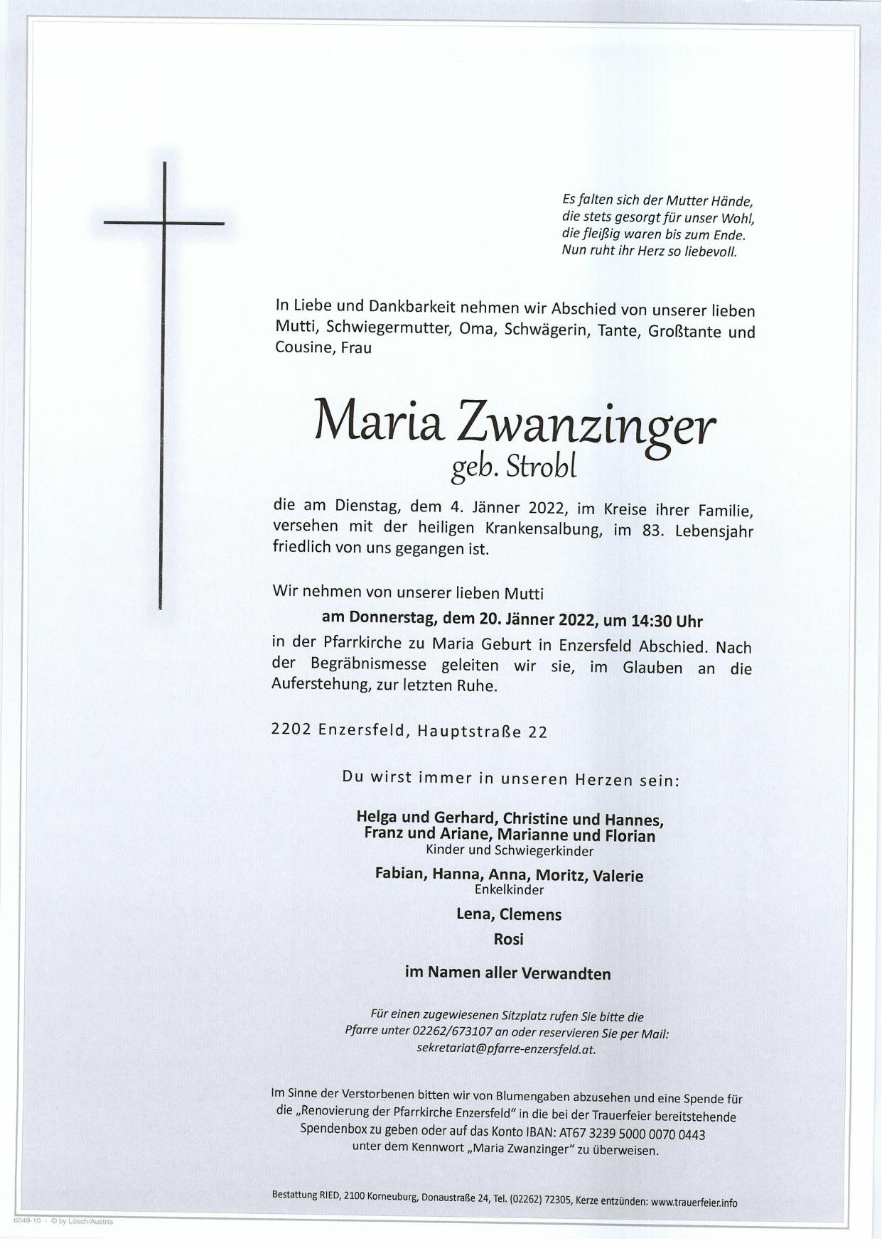 Traueranzeige von Maria Zwanzinger