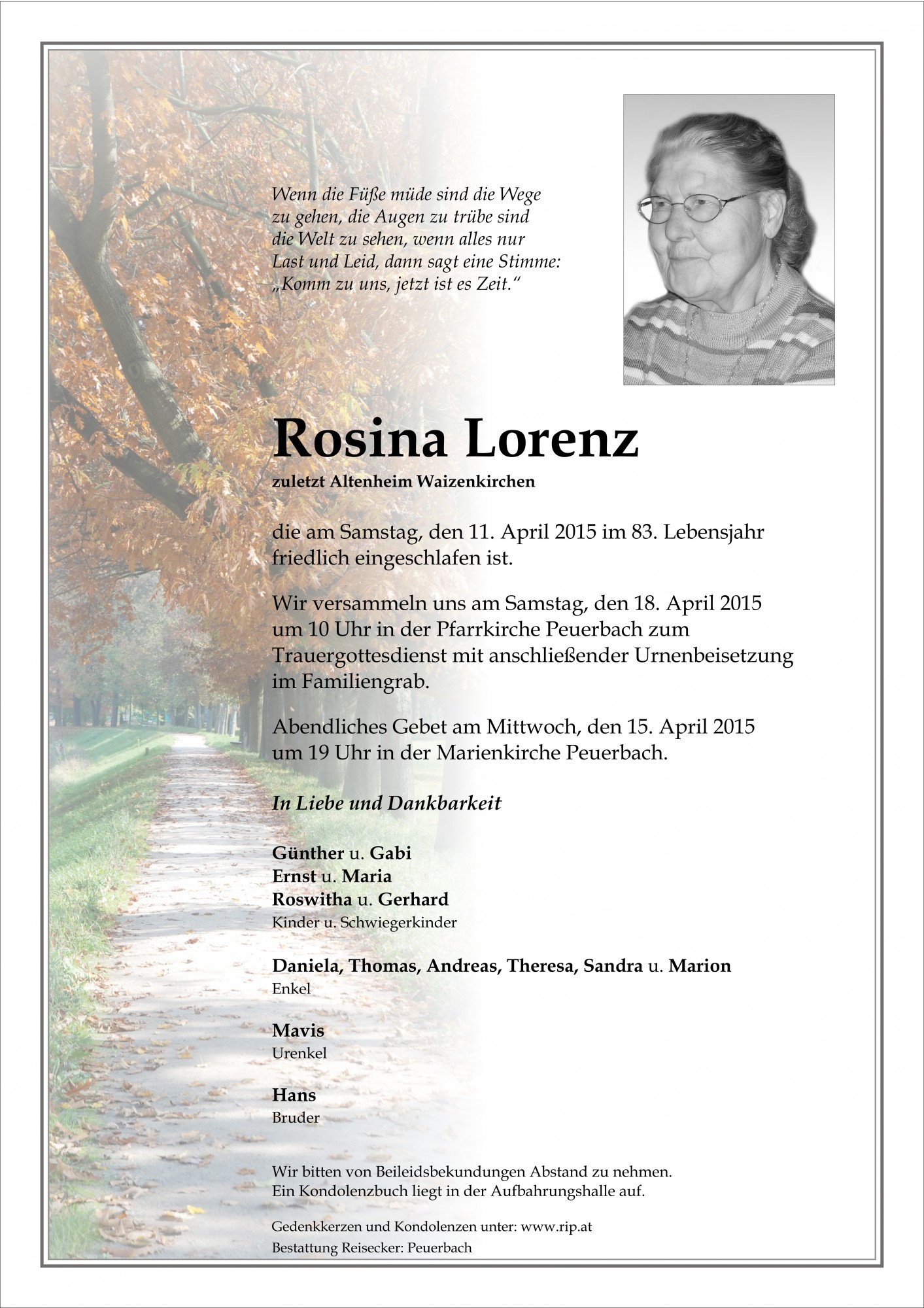 Traueranzeige von Rosina Lorenz