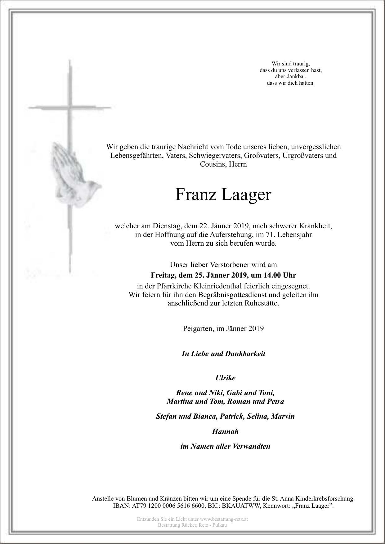 Traueranzeige von Franz Laager