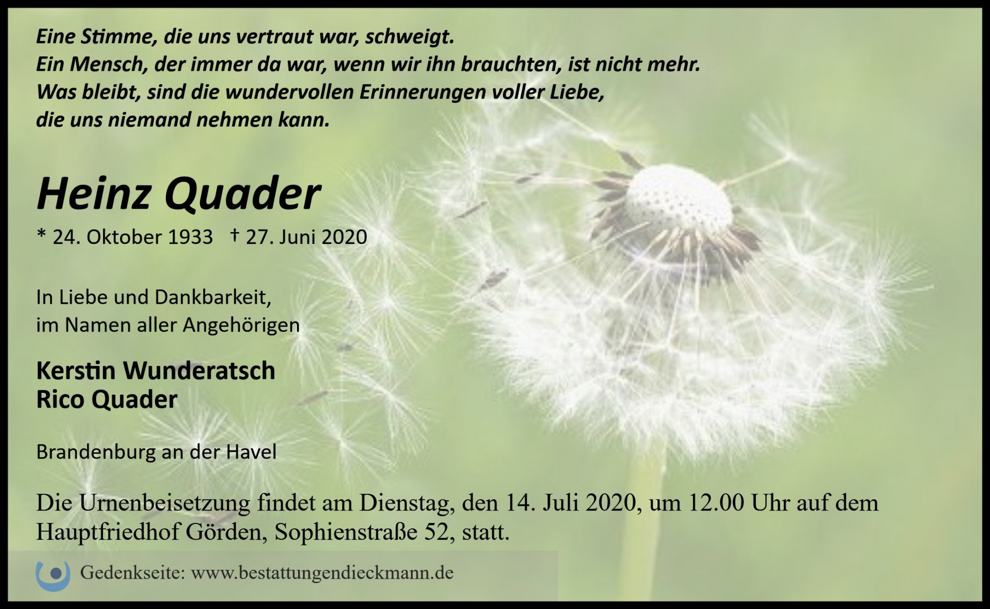 Traueranzeige von Heinz Quader