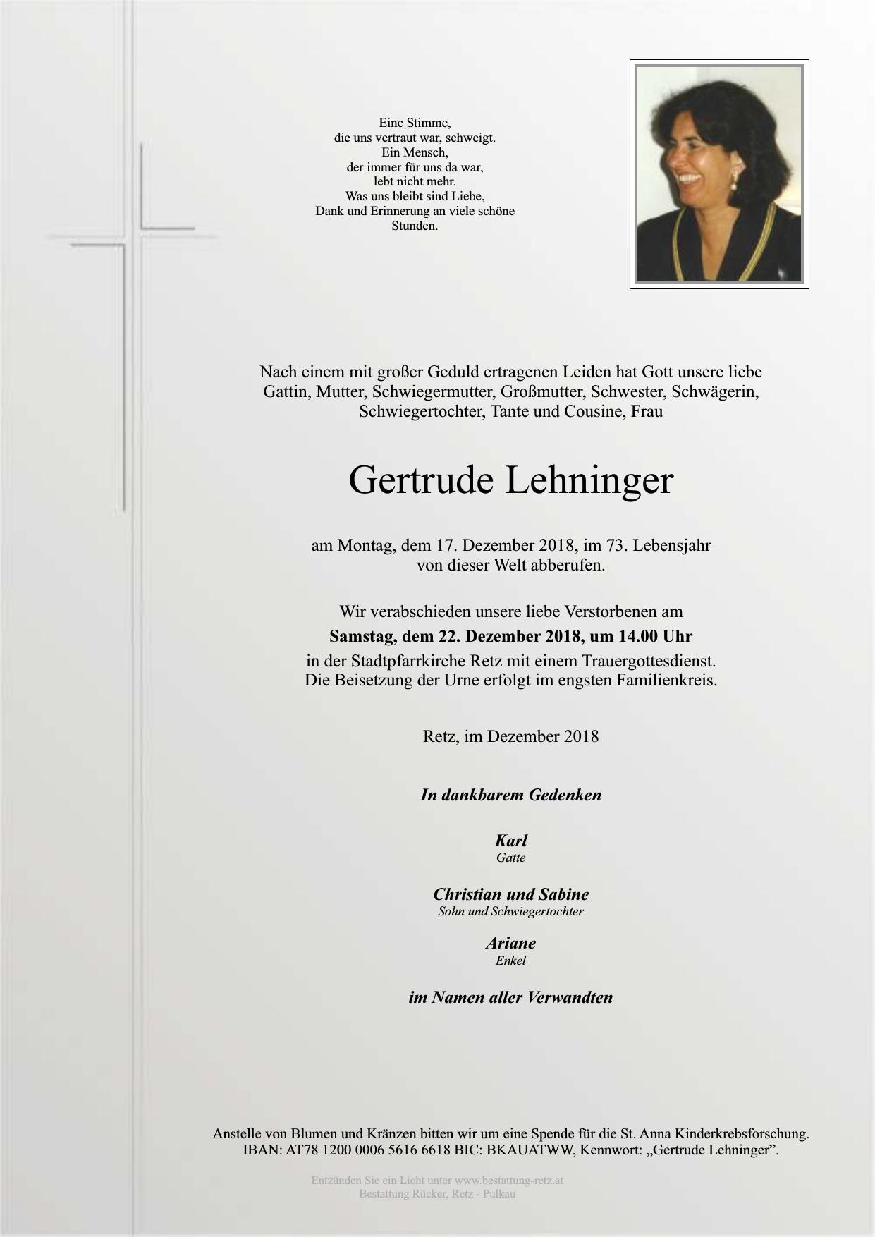 Traueranzeige von Gertrude Lehninger