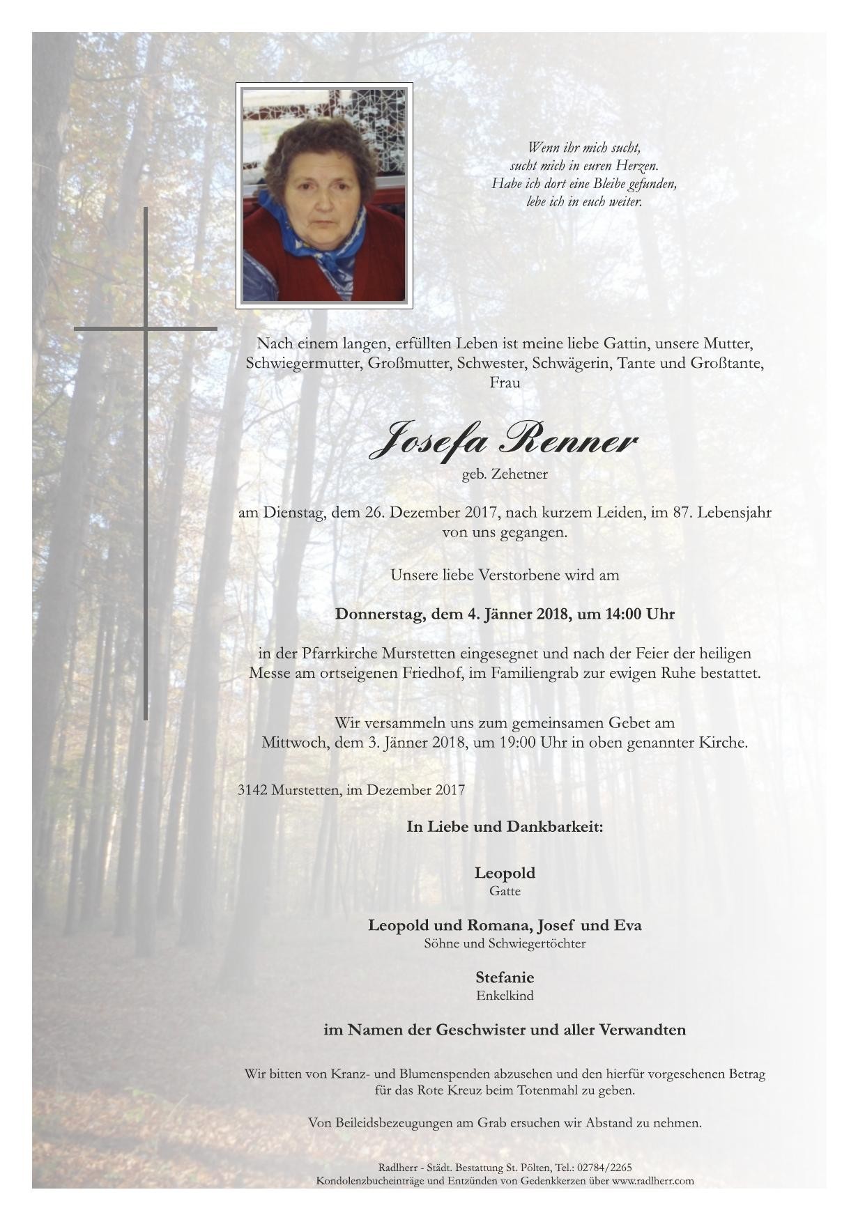 Traueranzeige von Josefa Renner