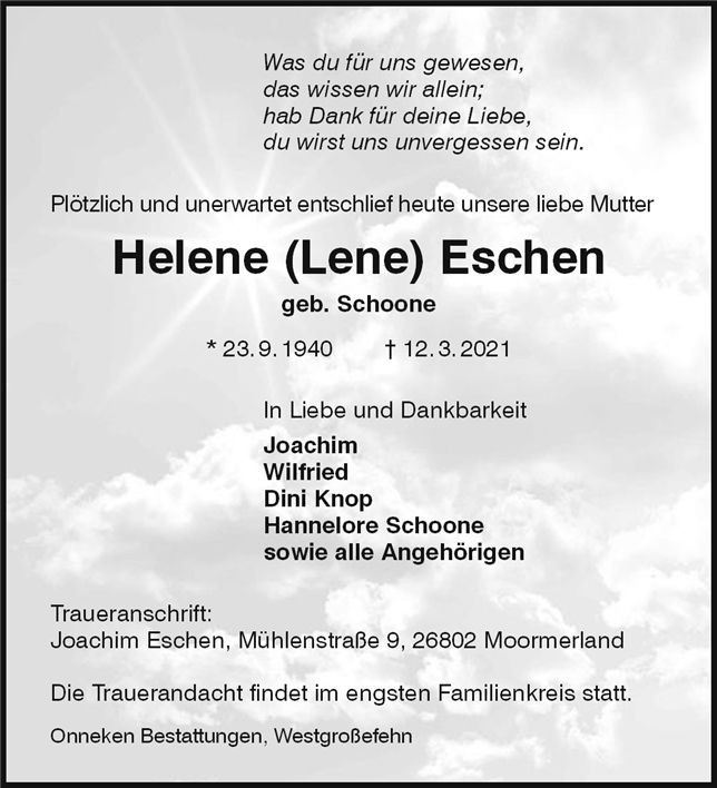 Traueranzeige von Helene Eschen