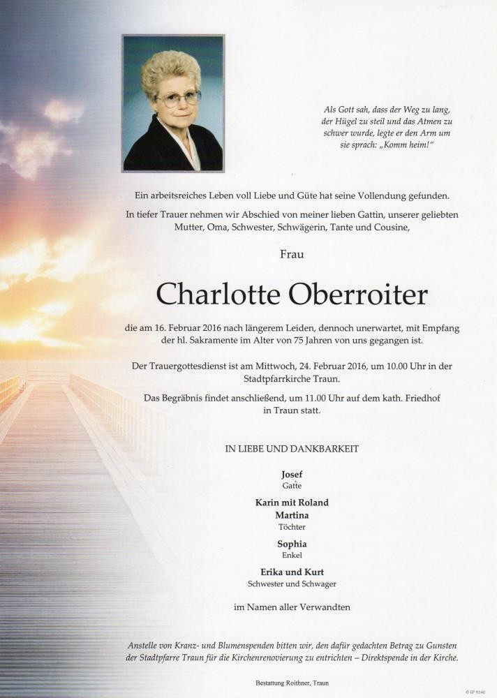 Traueranzeige von Charlotte Oberroiter