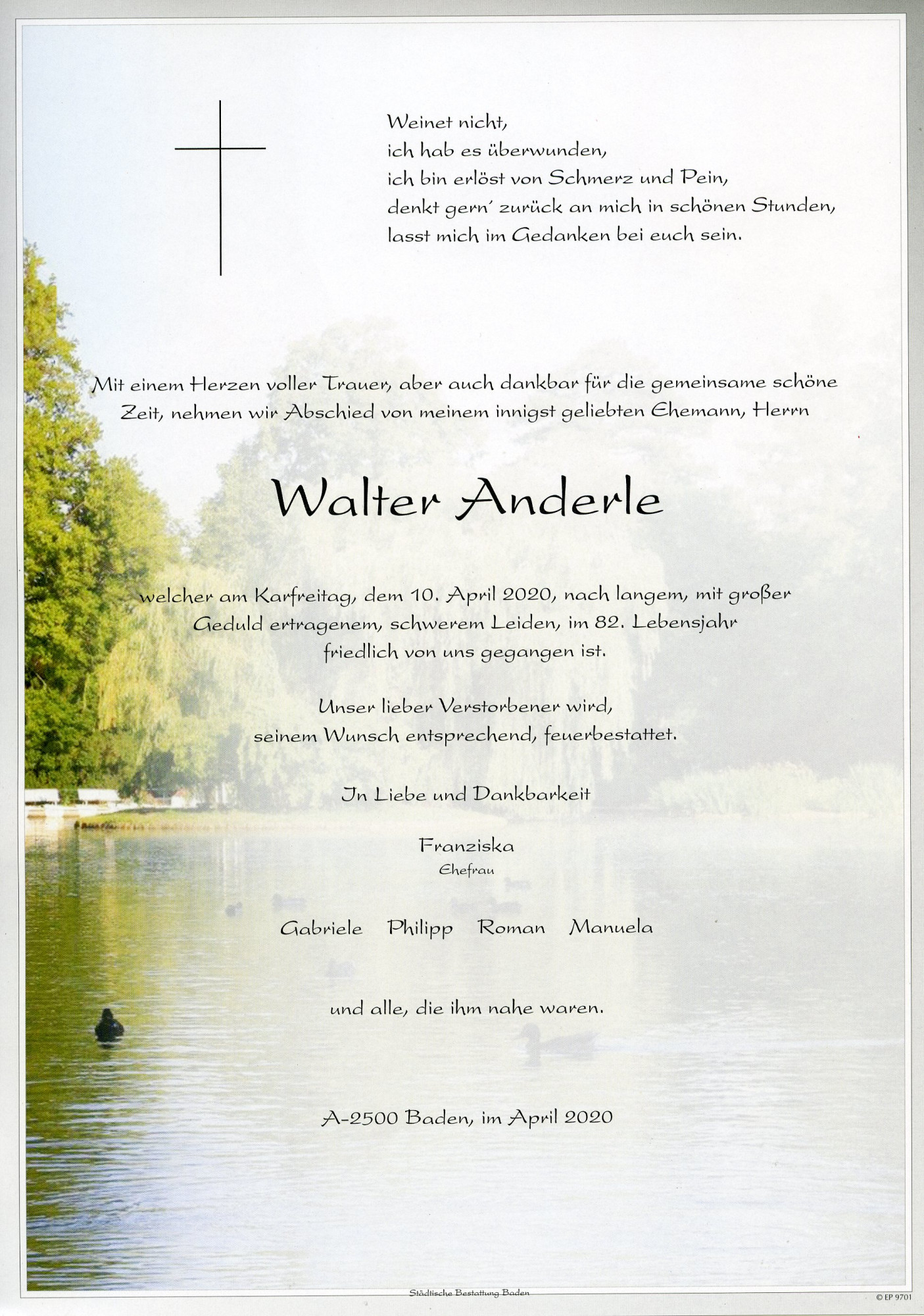 Traueranzeige von Walter Anderle