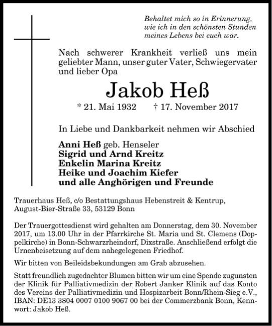 Traueranzeige von Jakob Heß