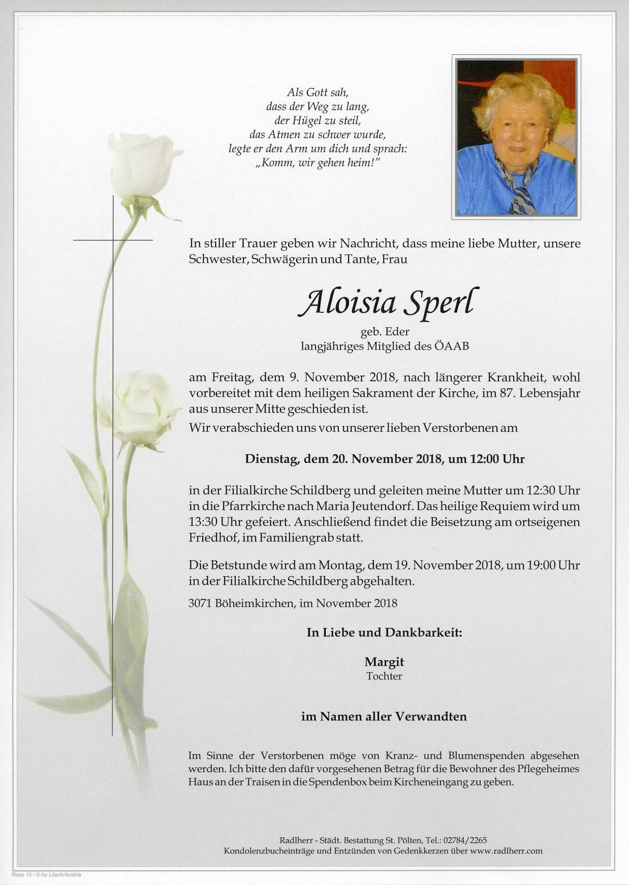 Traueranzeige von Aloisia Sperl