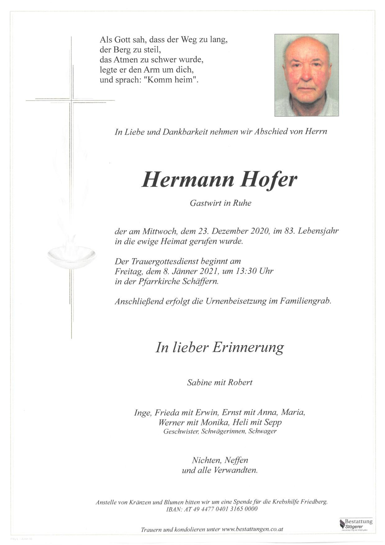 Traueranzeige von Hermann Hofer