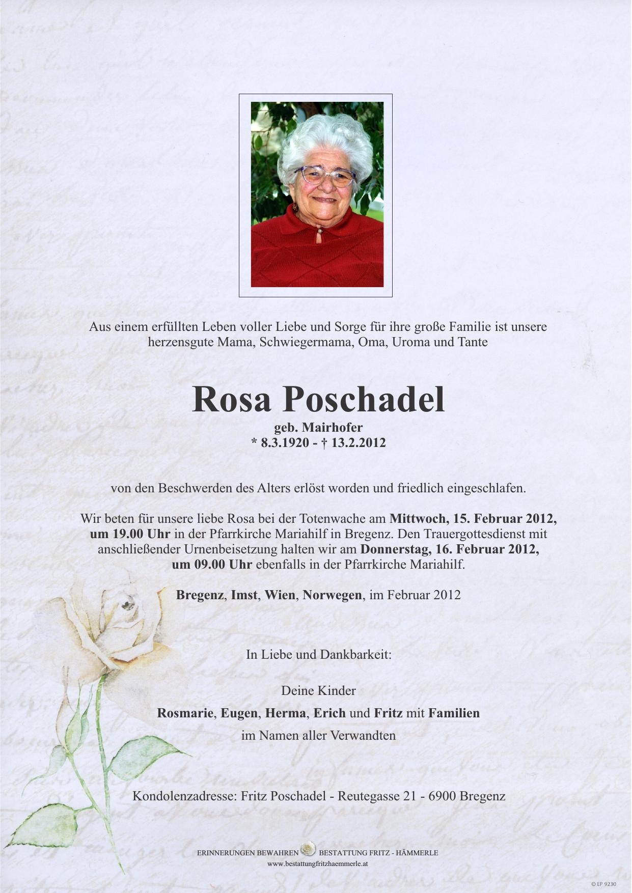 Traueranzeige von Rosa Poschadel