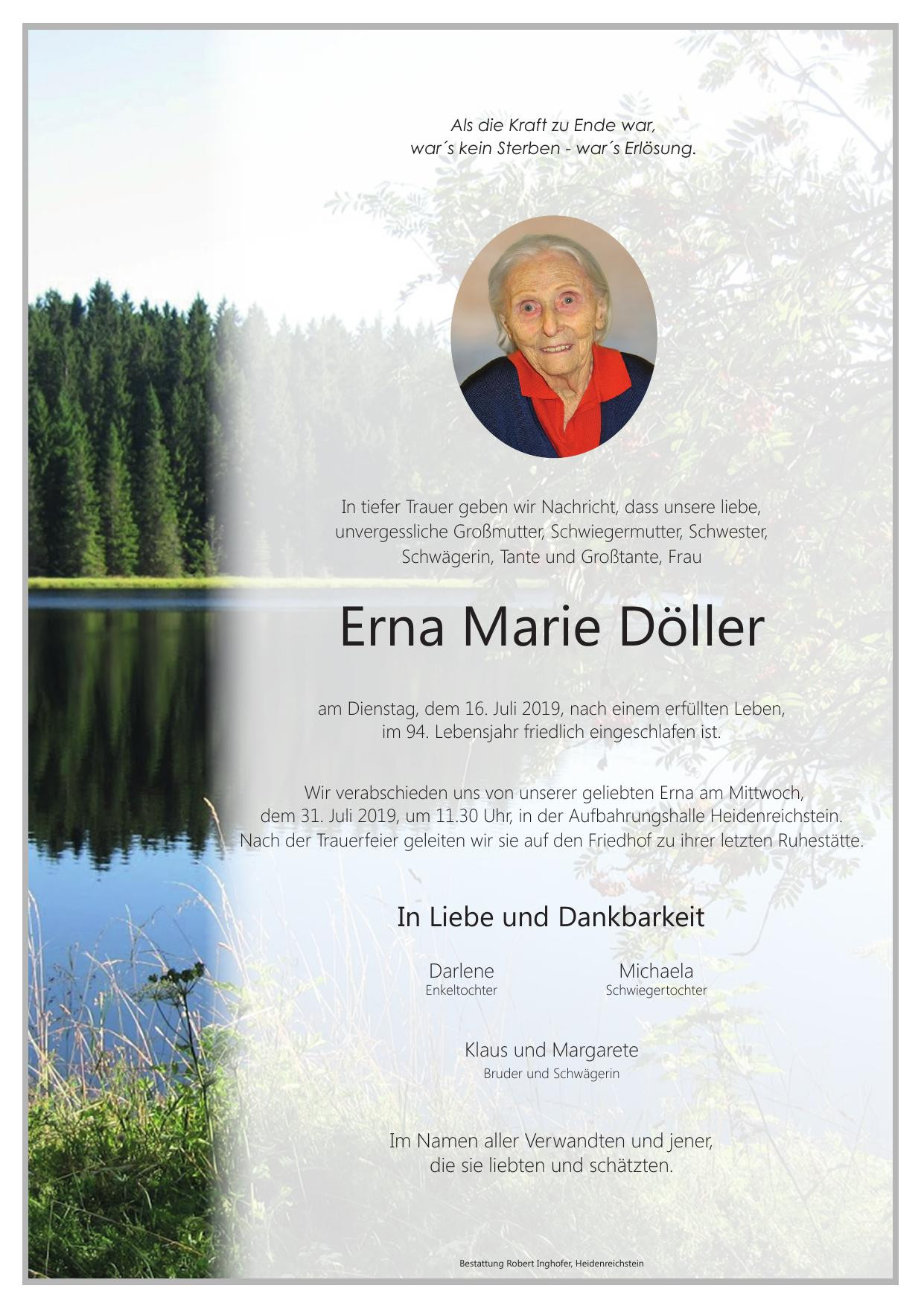 Traueranzeige von Erna Marie Döller