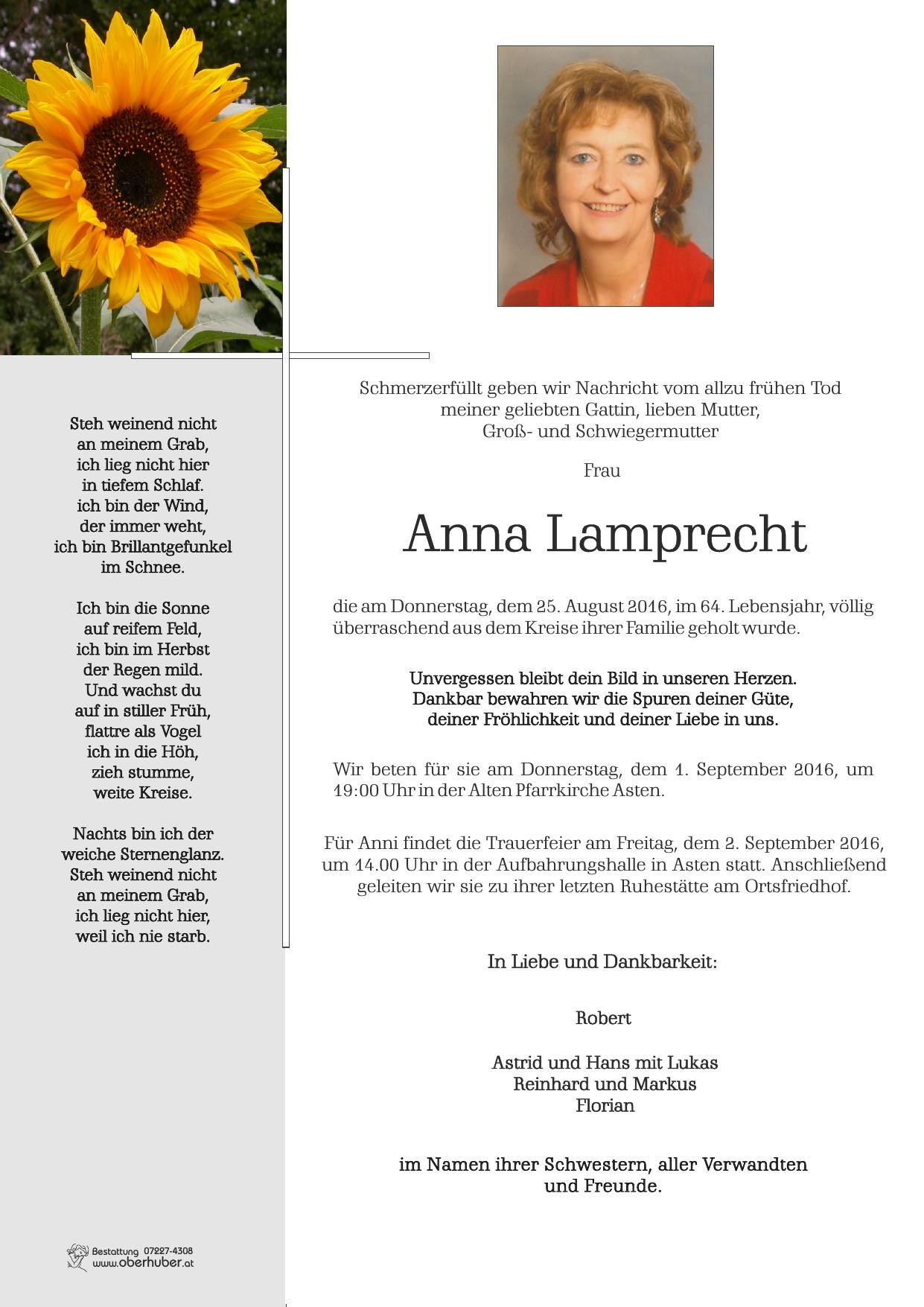 Traueranzeige von Anna Lamprecht