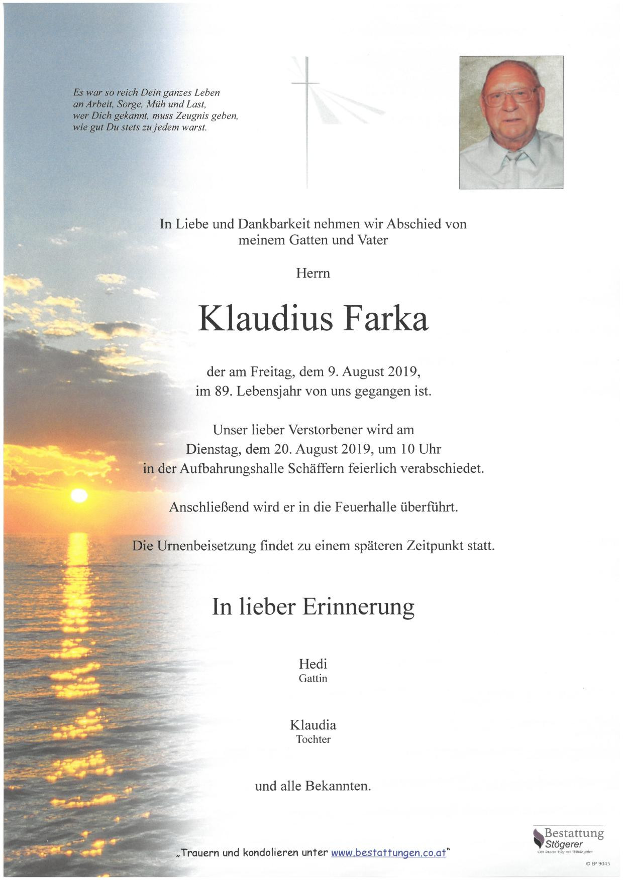 Traueranzeige von Klaudius Farka
