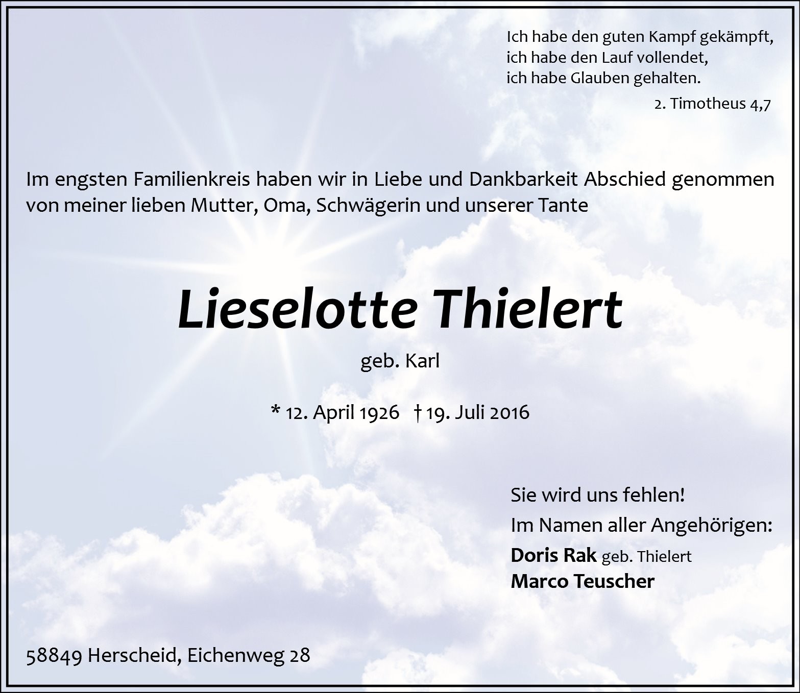 Traueranzeige von Lieselotte Thielert