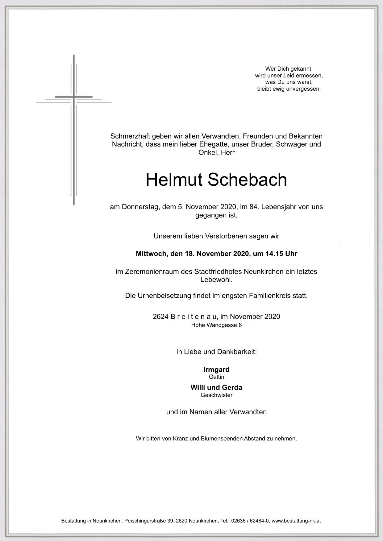Traueranzeige von Helmut Schebach