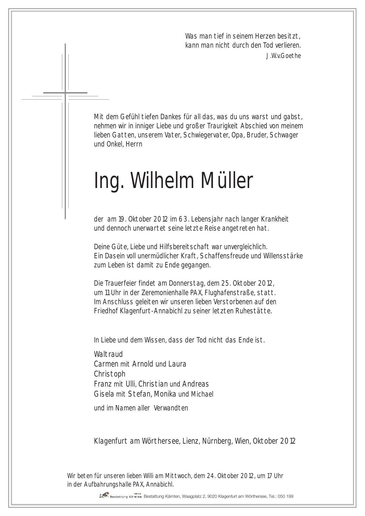 Traueranzeige von Wilhelm Müller