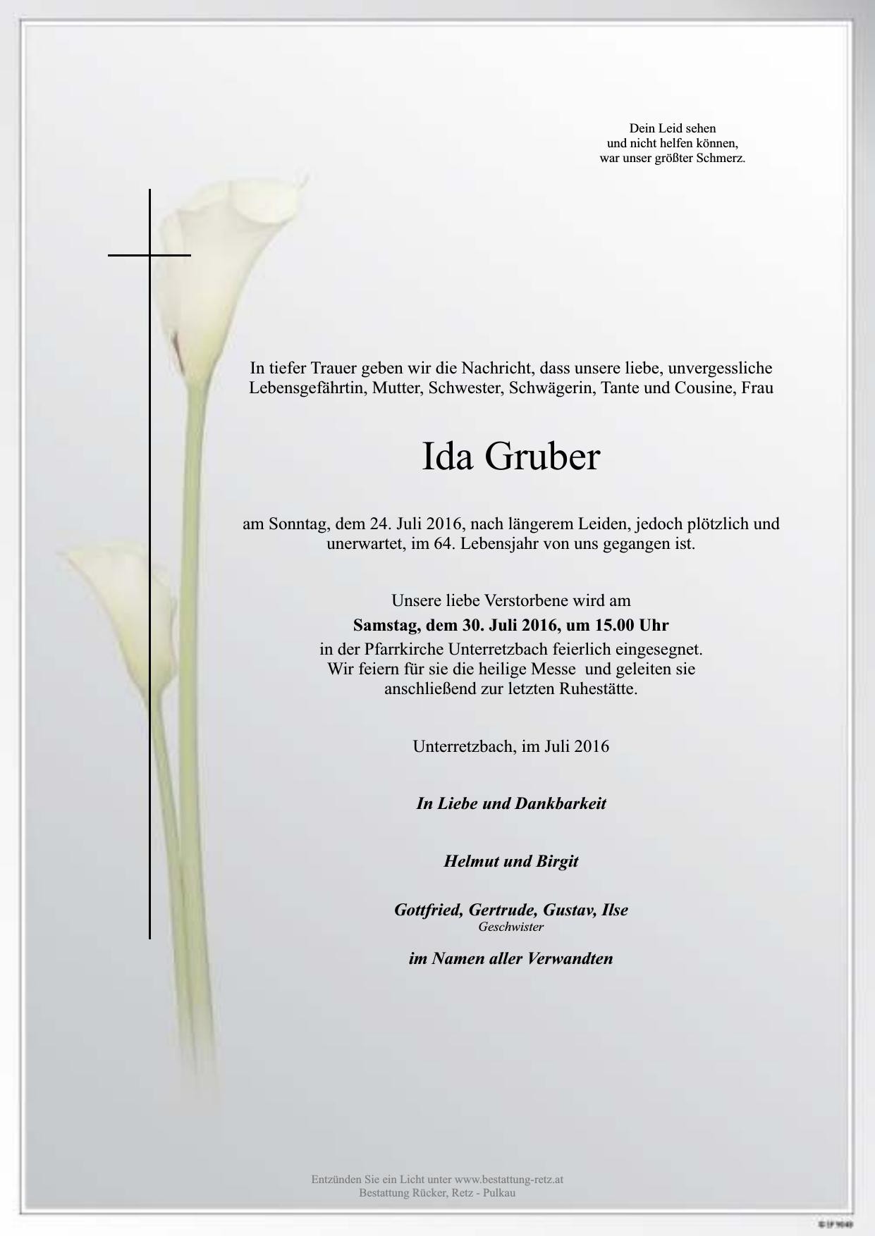 Traueranzeige von Ida Gruber