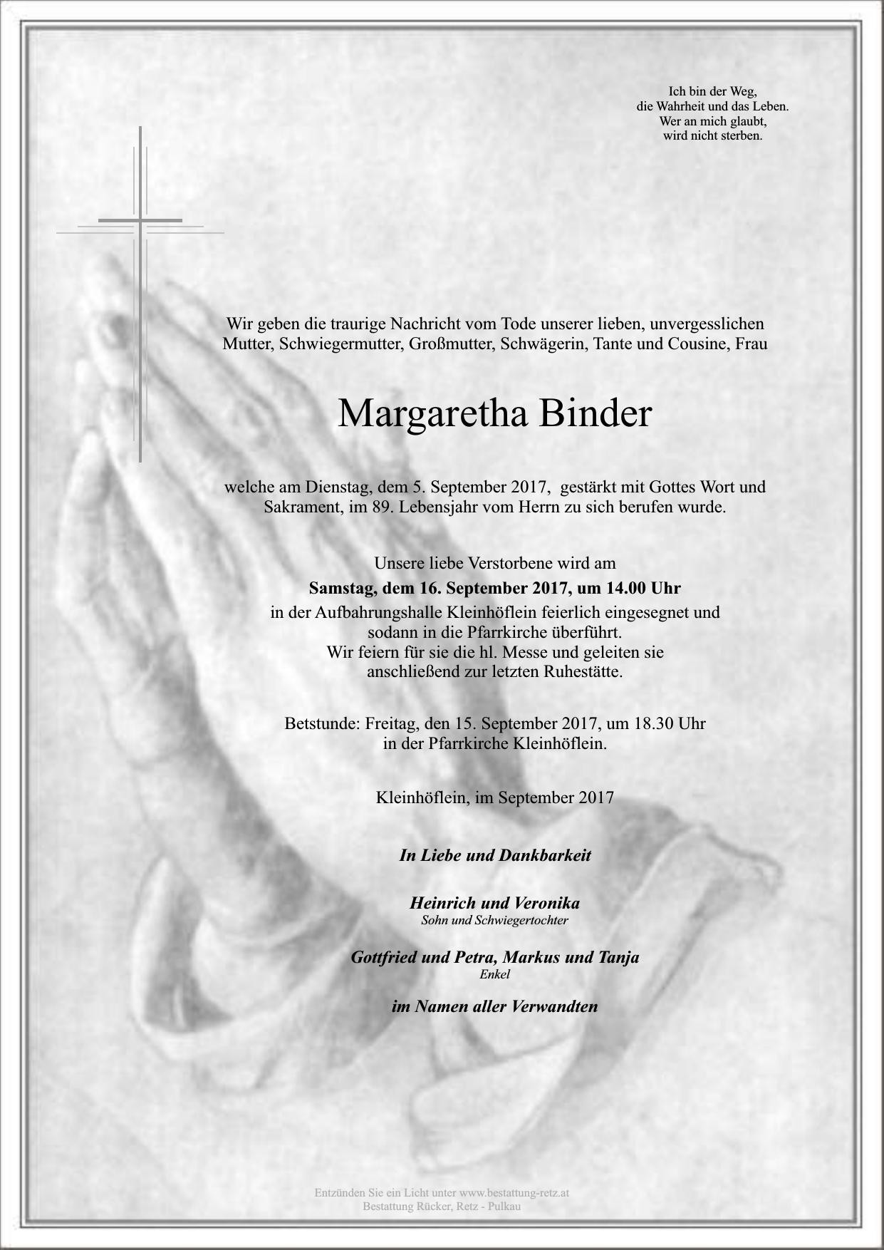 Traueranzeige von Margaretha Binder
