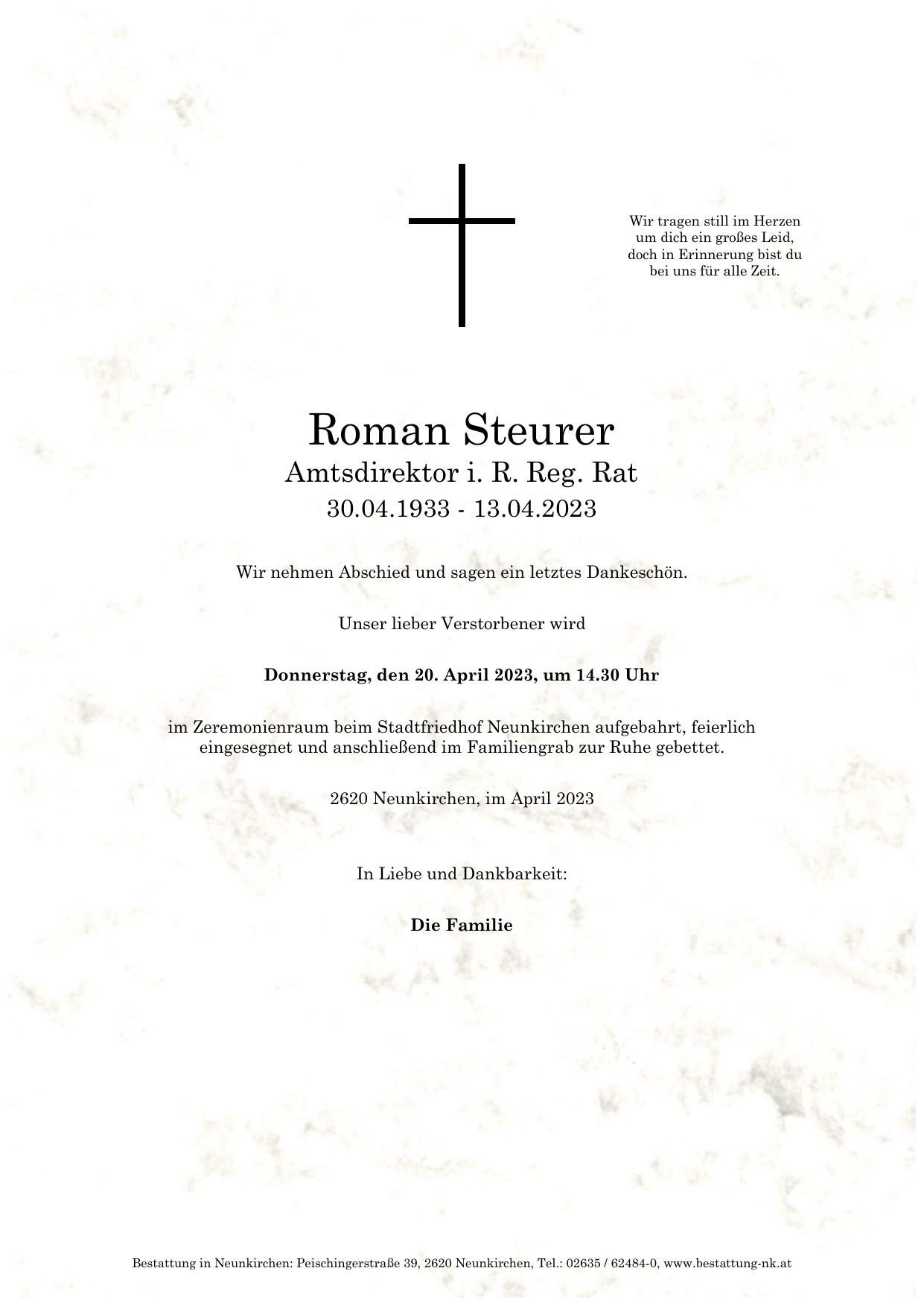 Traueranzeige von Reg. Rat Roman Steurer