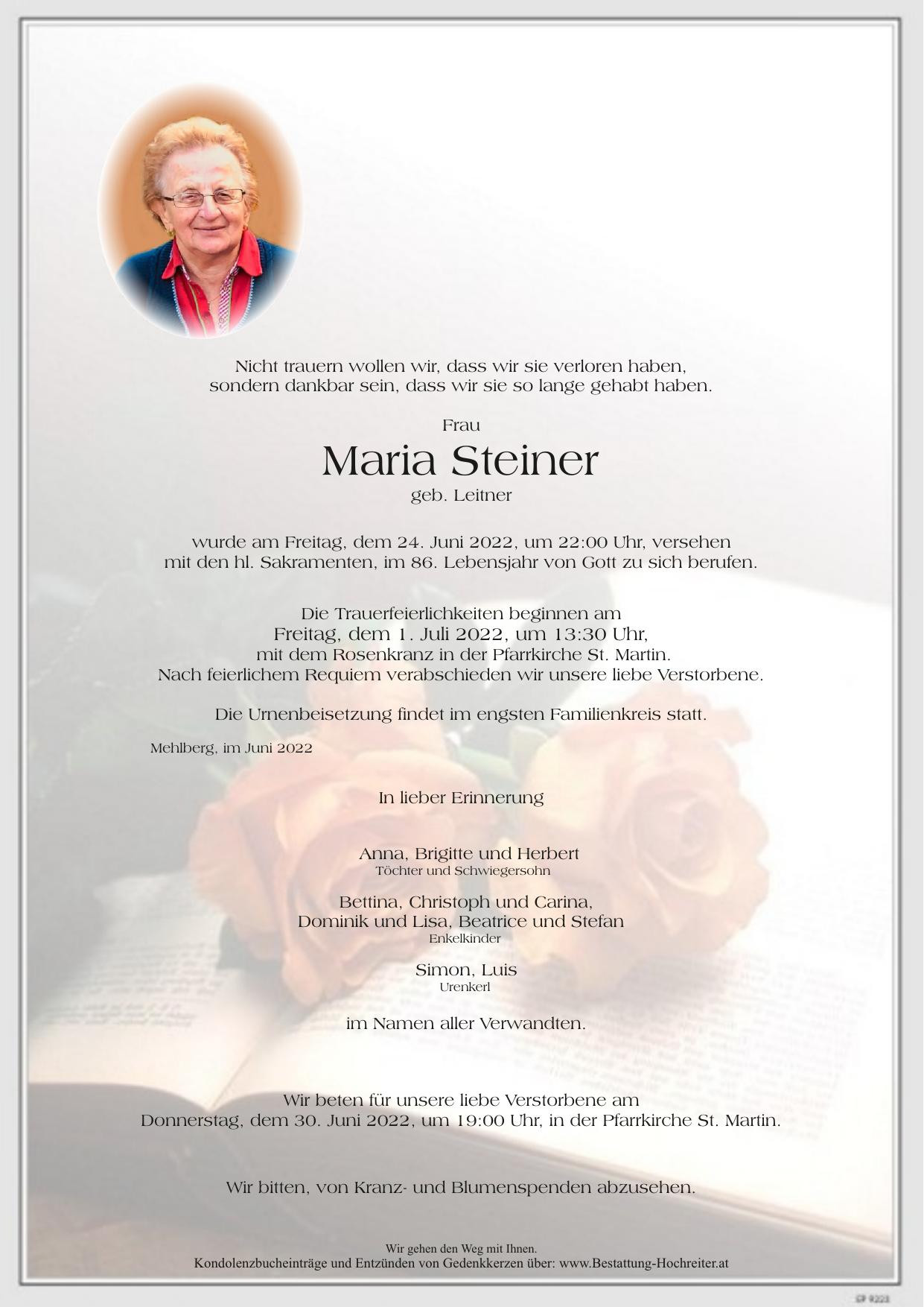 Traueranzeige von Maria Steiner