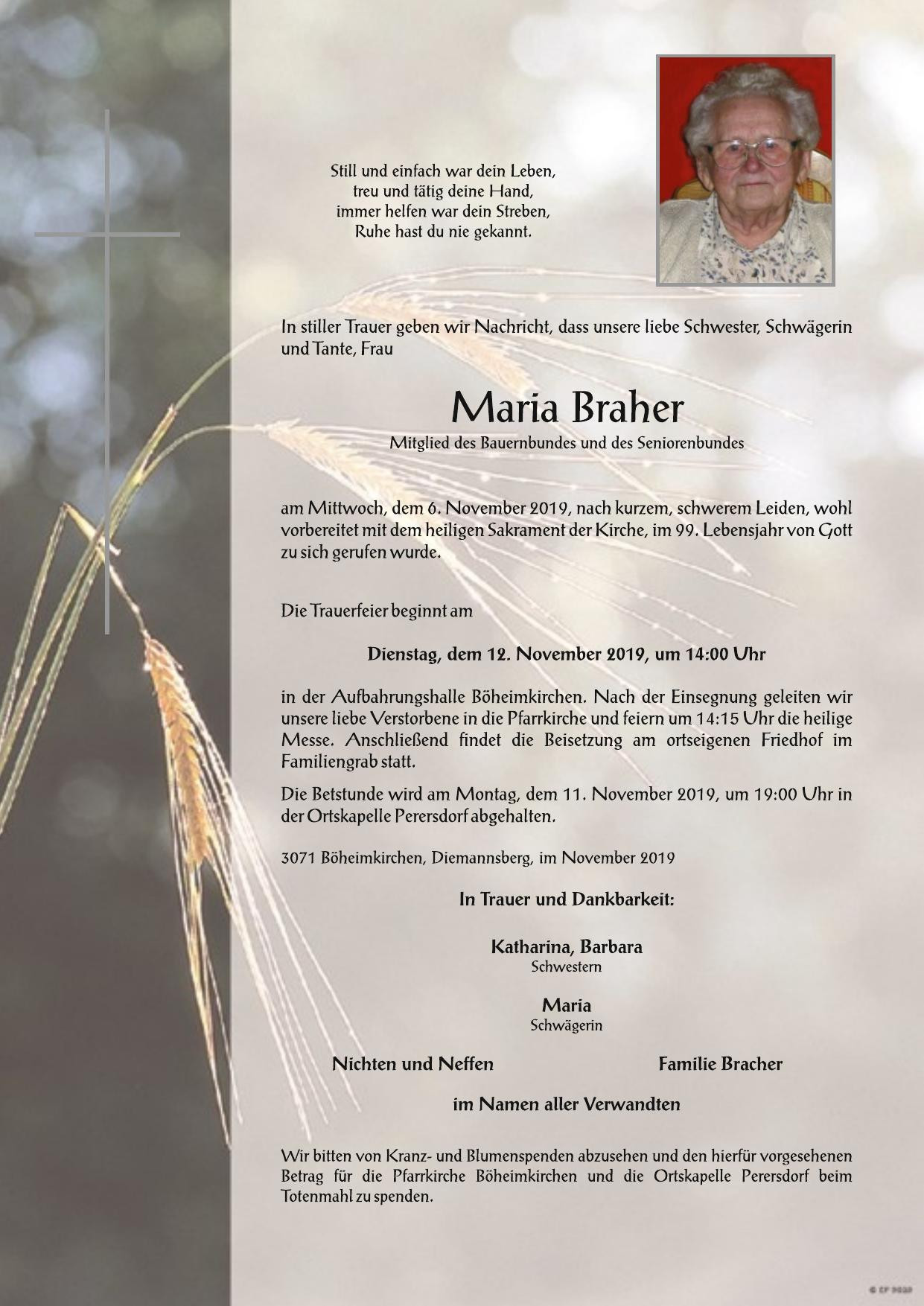 Traueranzeige von Maria Braher