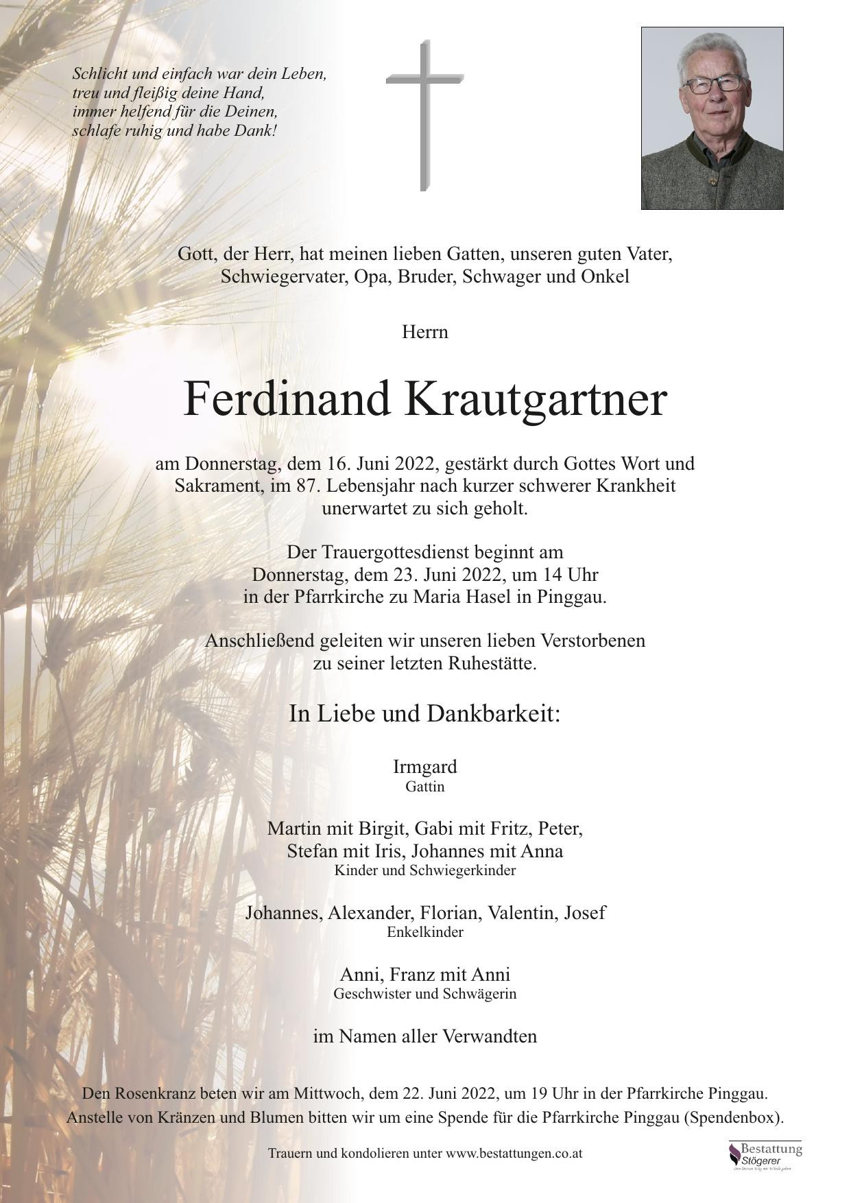 Traueranzeige von Ferdinand Krautgartner