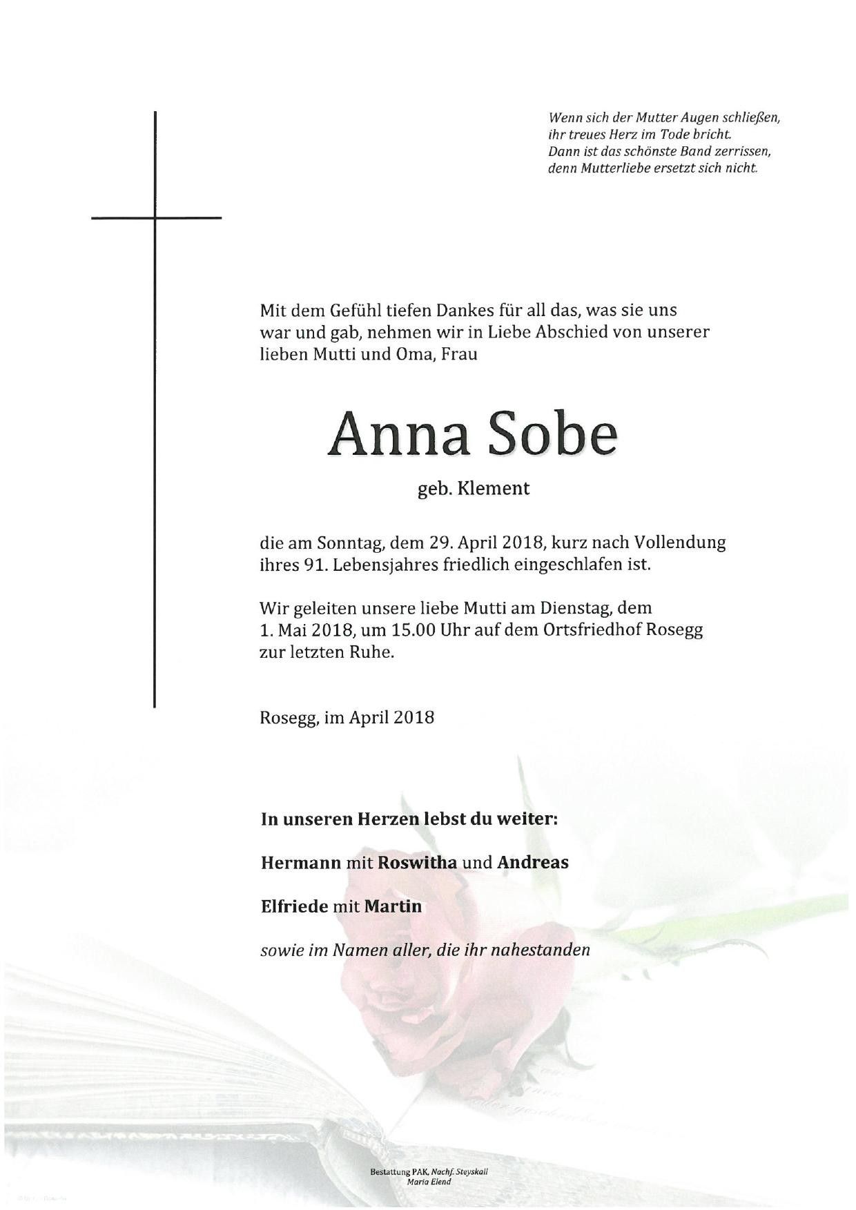 Traueranzeige von Anna Sobe