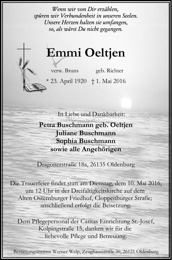 Traueranzeige von Emmi Oeltjen