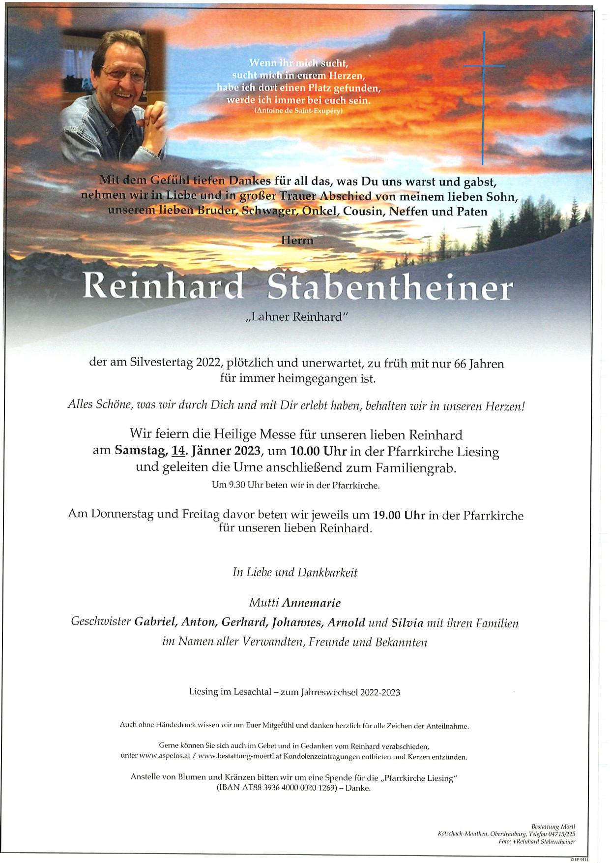 Traueranzeige von Reinhard Stabentheiner
