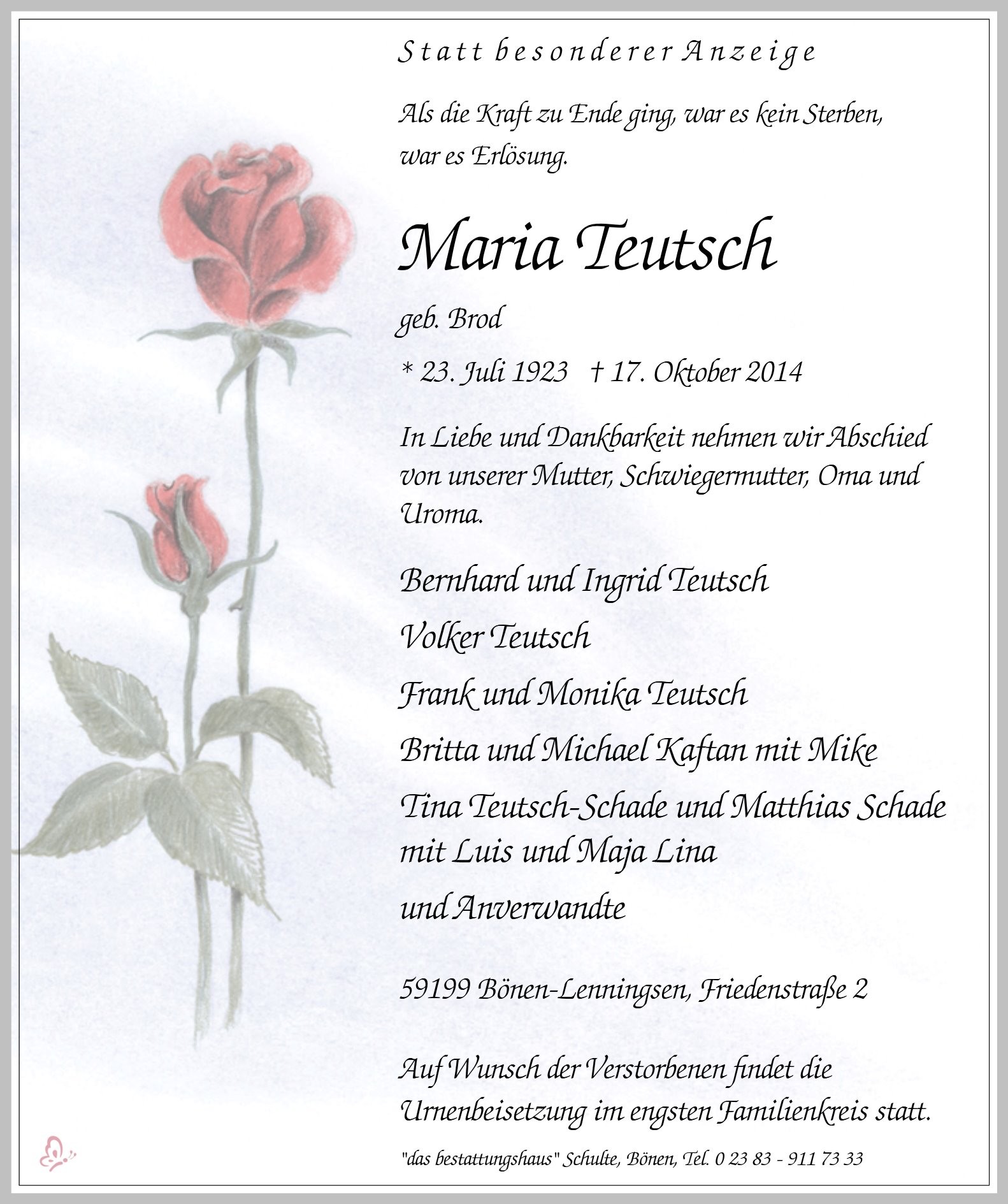 Traueranzeige von Maria Teutsch