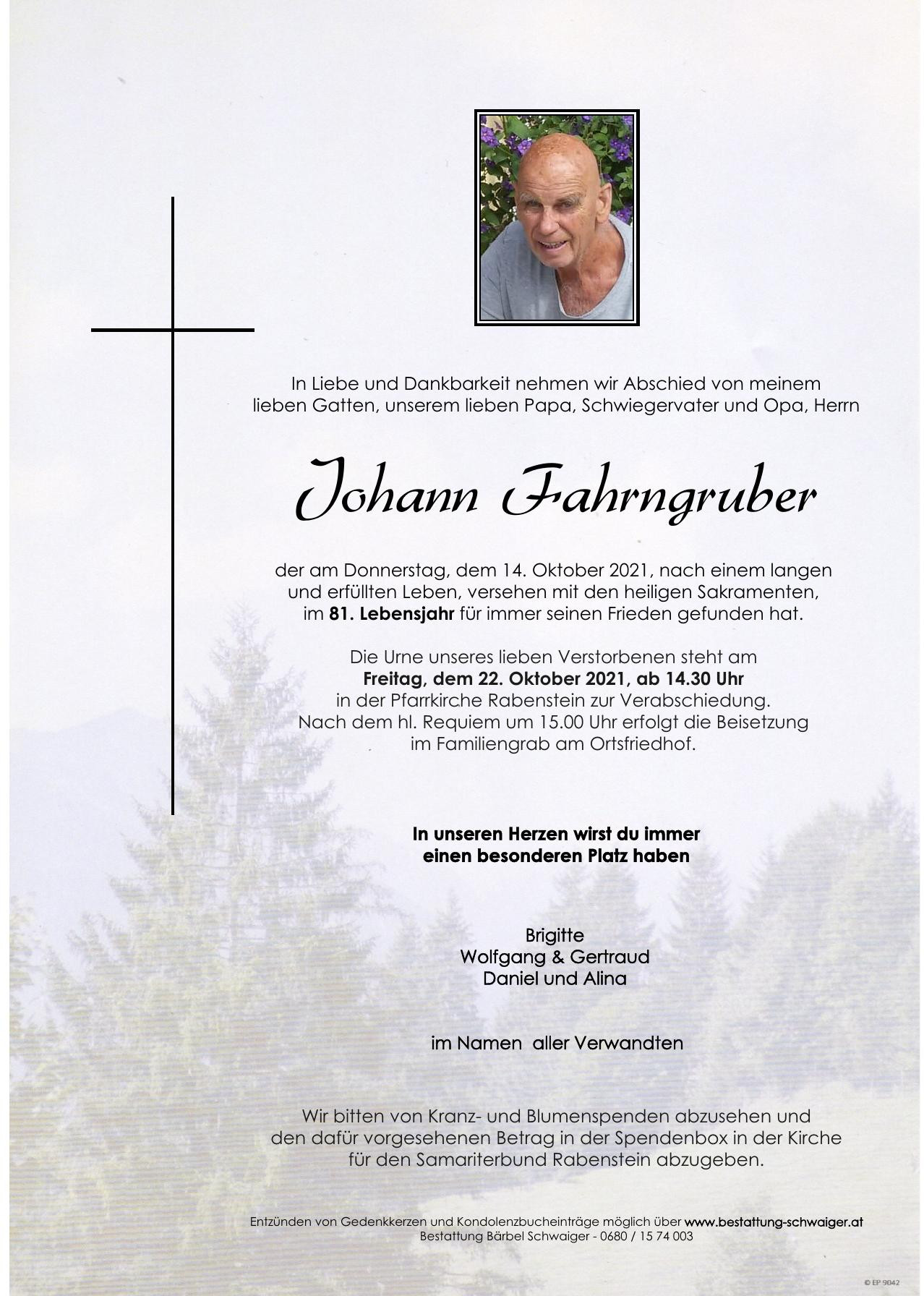Traueranzeige von Johann Fahrngruber