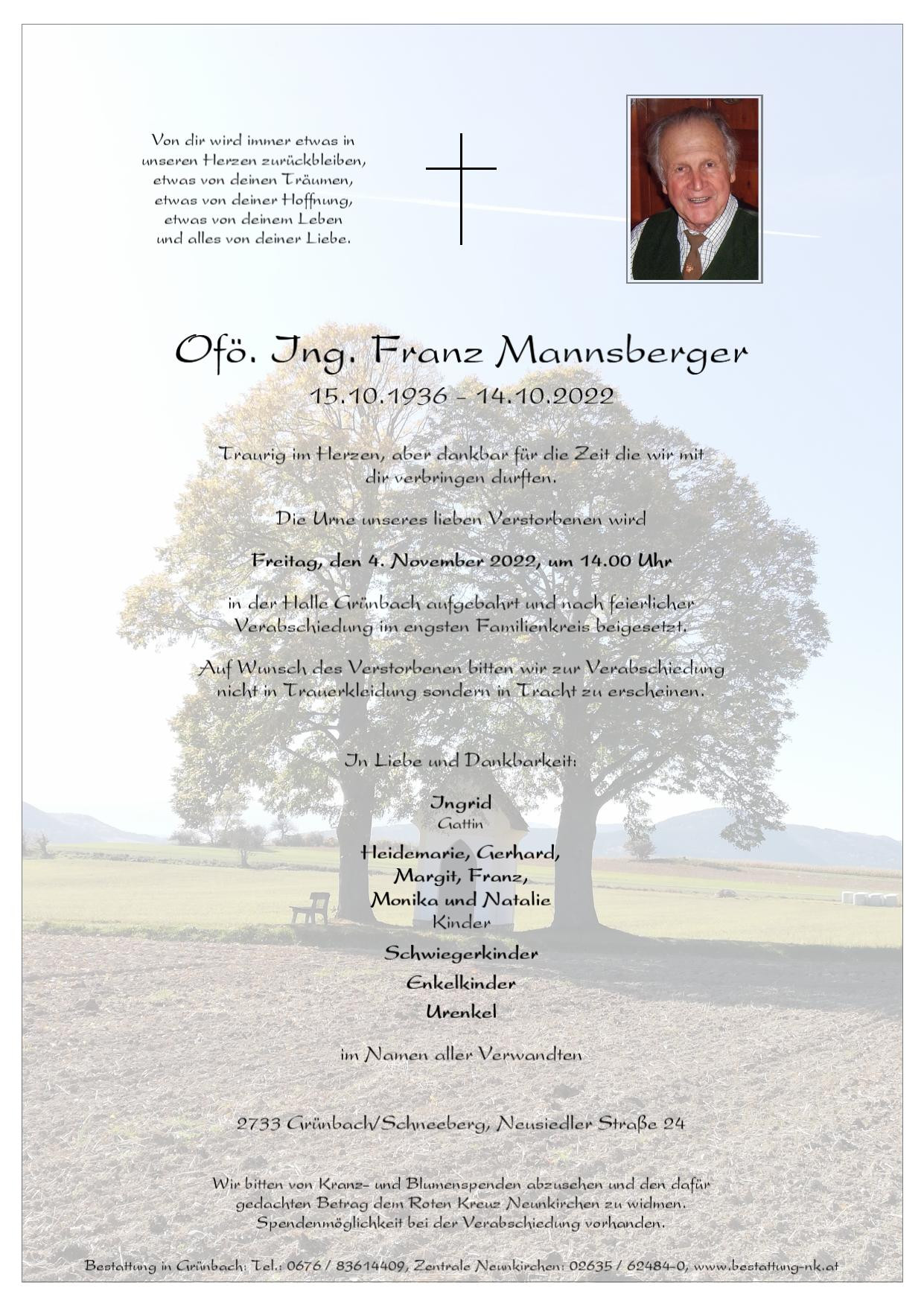 Traueranzeige von Ing. Franz Mannsberger