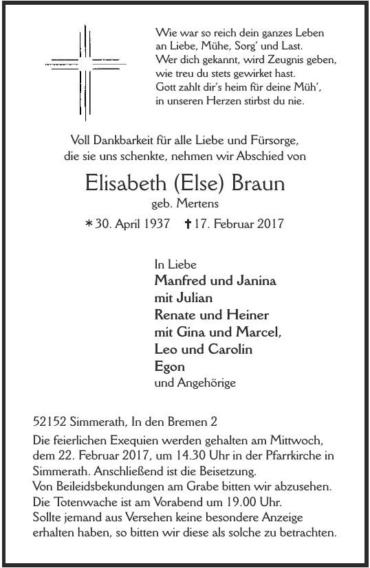 Traueranzeige von Elisabeth Braun