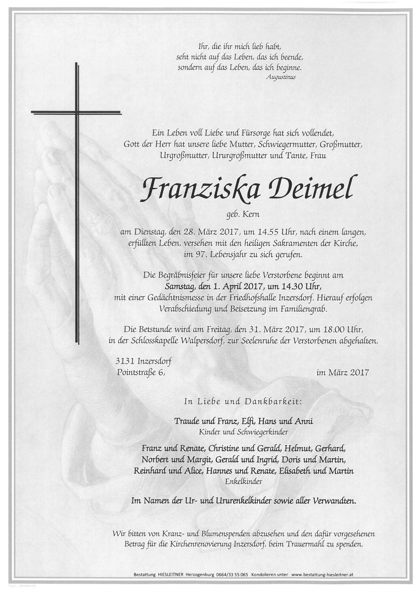 Traueranzeige von Franziska Deimel