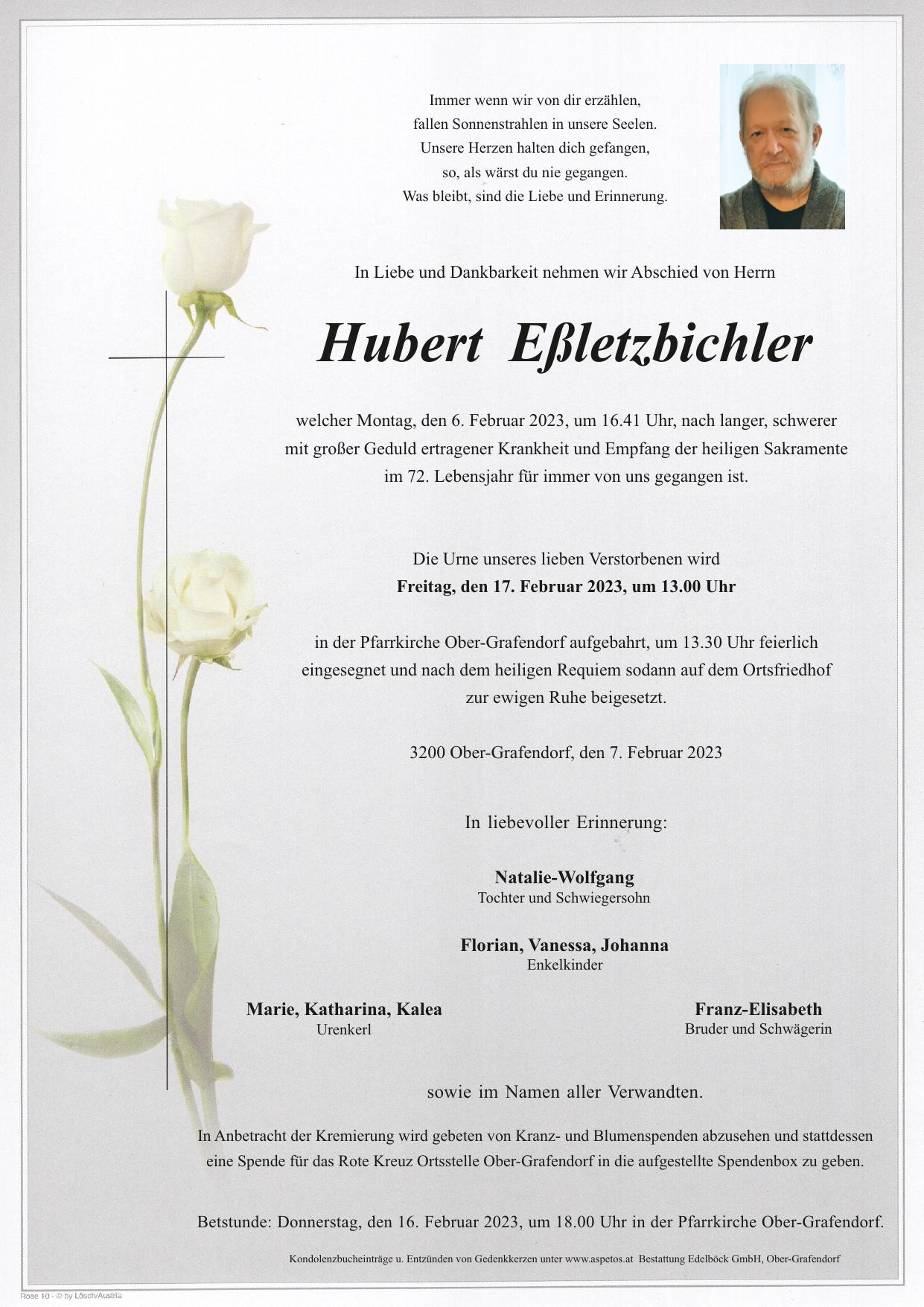 Traueranzeige von Hubert Eßletzbichler