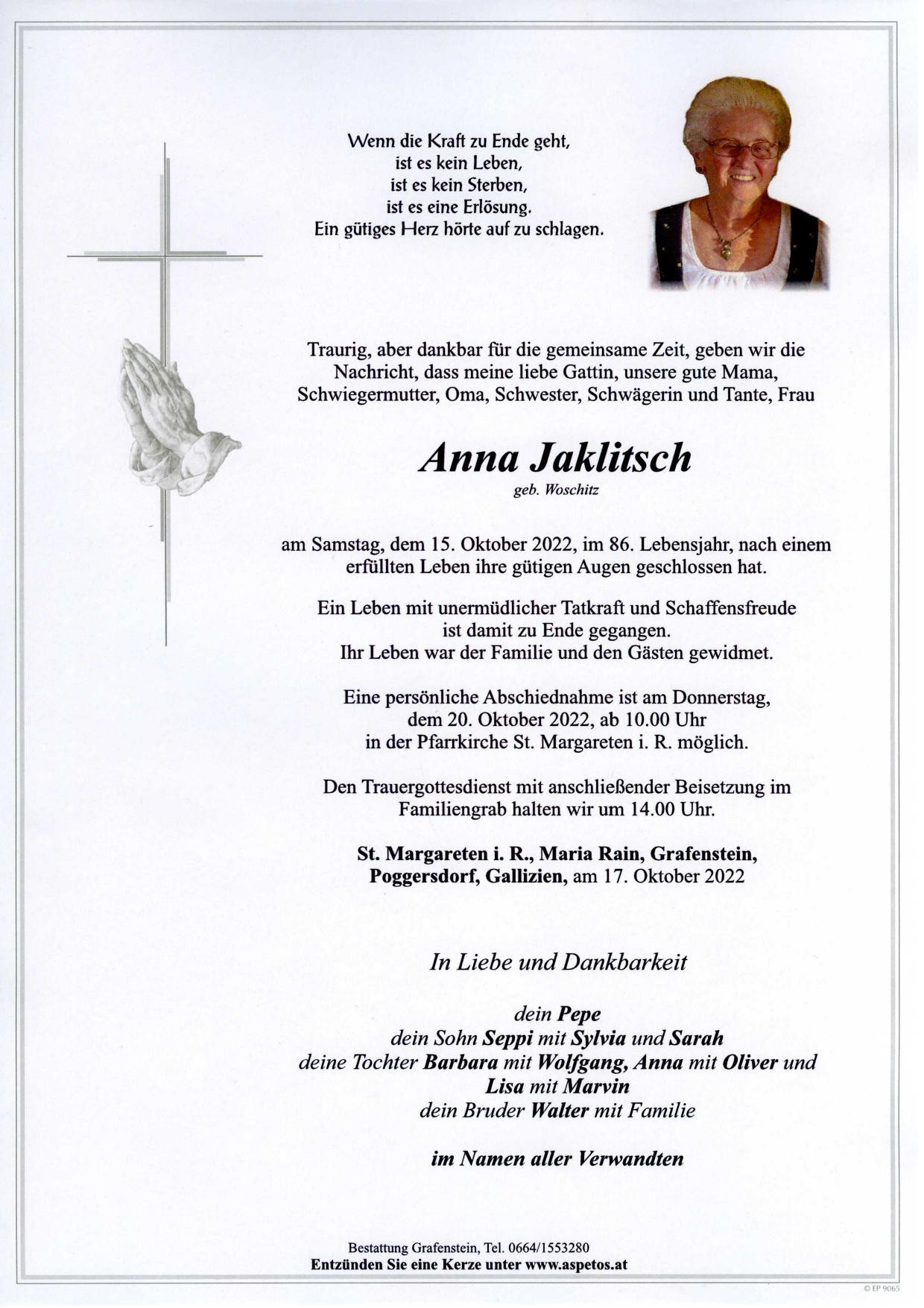 Traueranzeige von Anna Jaklitsch