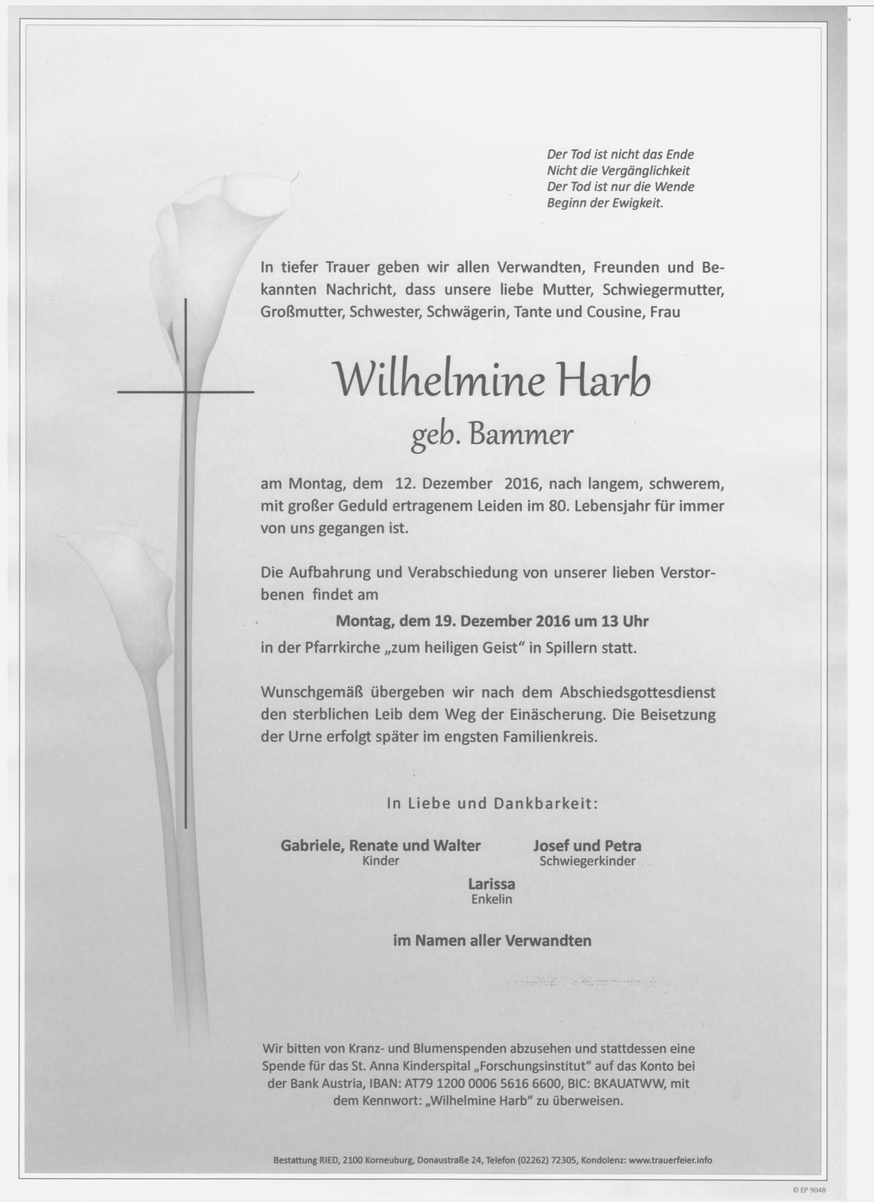 Traueranzeige von Wilhelmine Harb