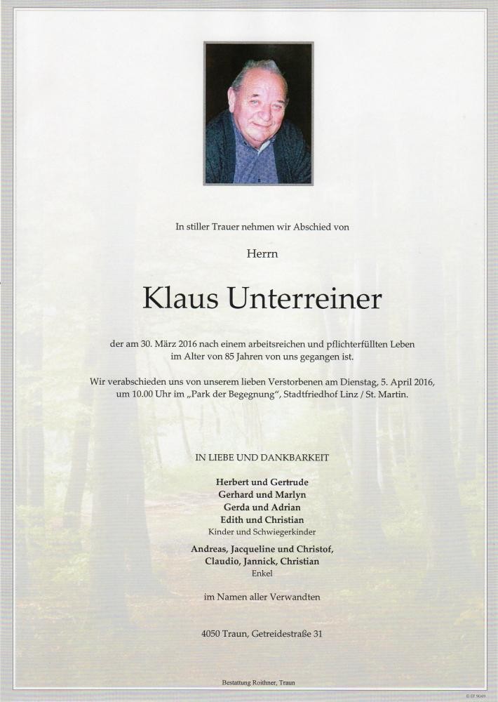 Traueranzeige von Klaus Unterreiner