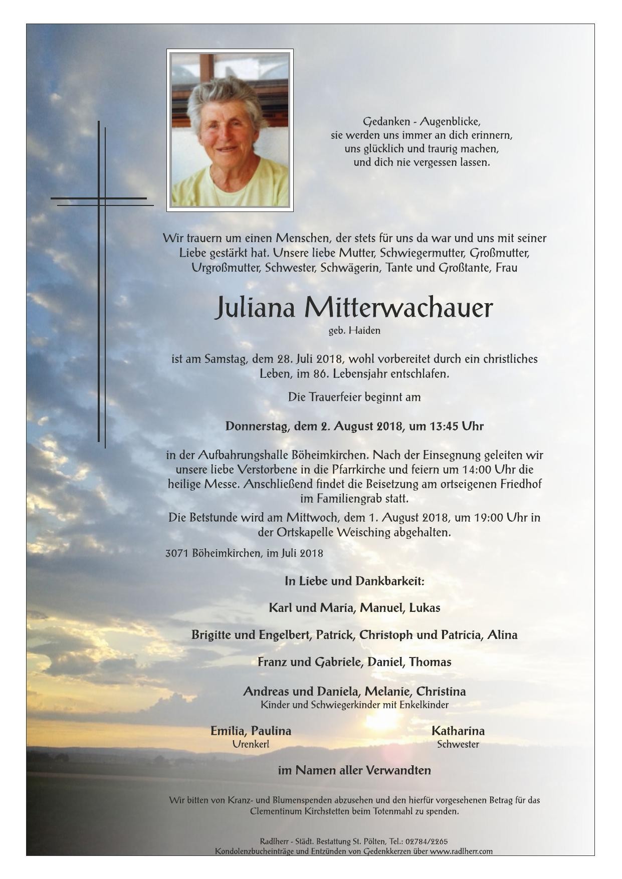 Traueranzeige von Juliana Mitterwachauer