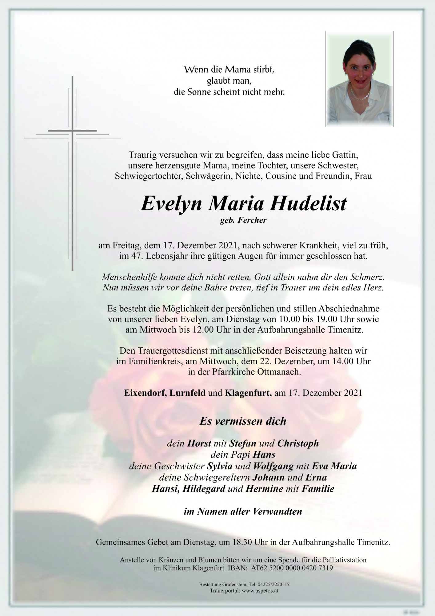 Traueranzeige von Frau Evelyn Maria Hudelist