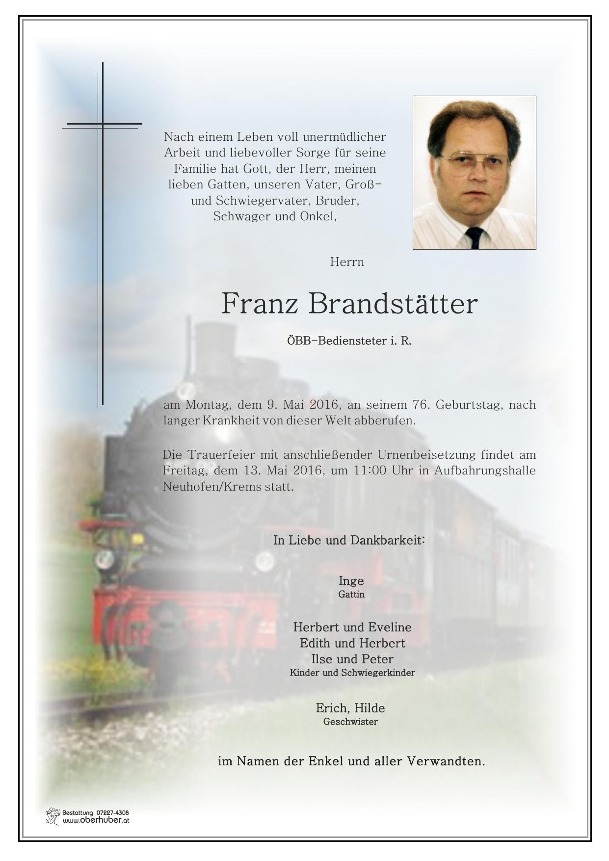 Traueranzeige von Franz Brandstätter