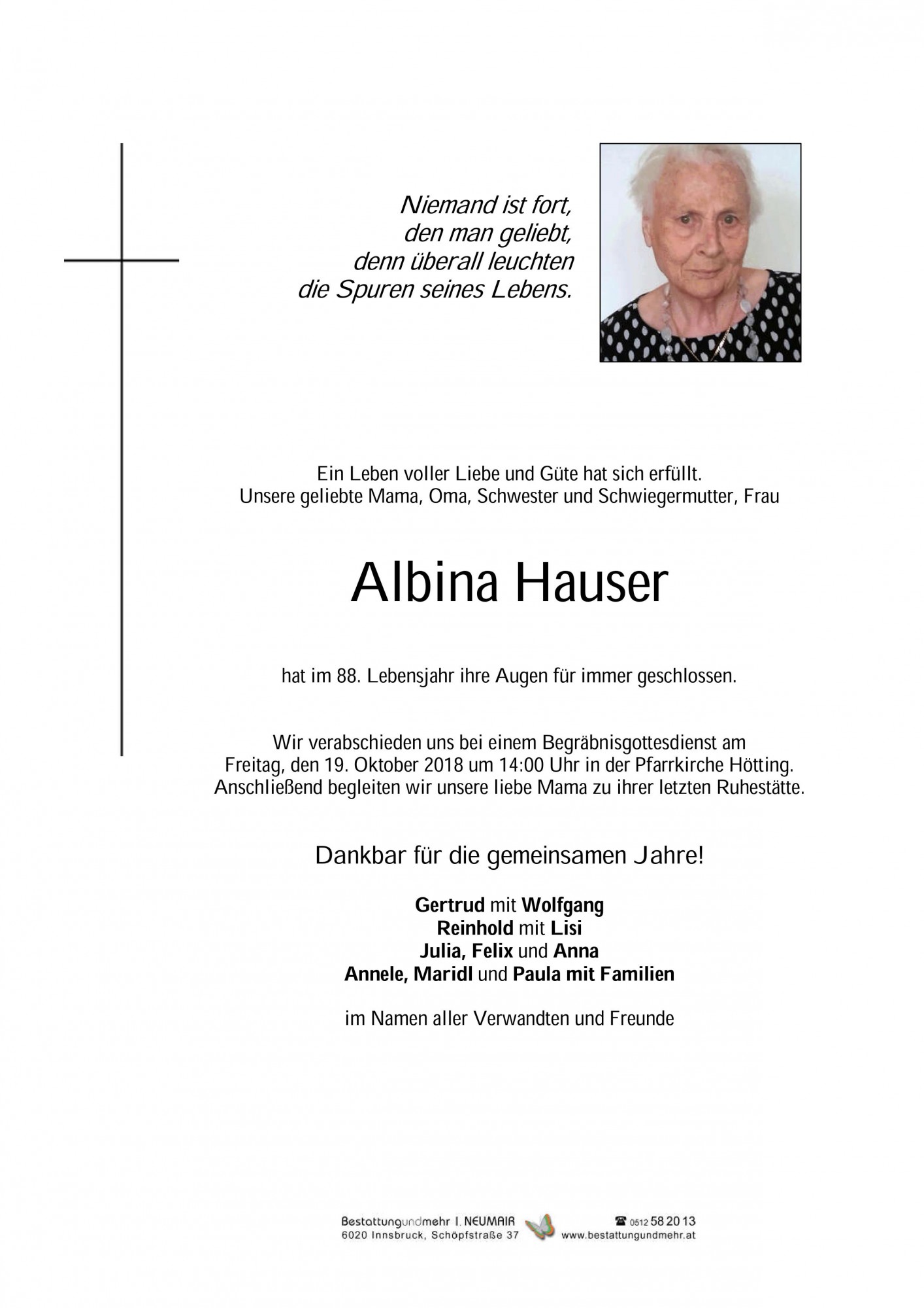 Traueranzeige von Albina Hauser