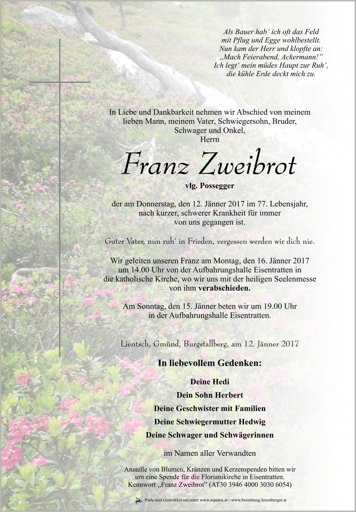 Traueranzeige von Franz Zweibrot