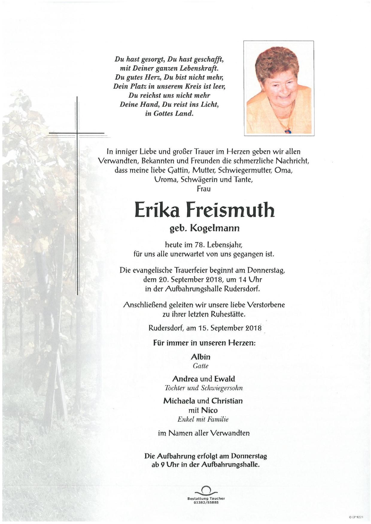 Traueranzeige von Erika Freismuth